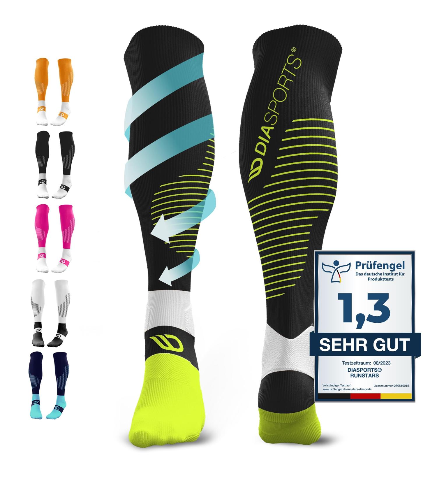 Diasports Runstars Compression Socks for Sports Running Marathon & Triathlon - Premium Even Compression & Reinforced Heel for Men & Women - Black S - Buy Online on GoSupps.com