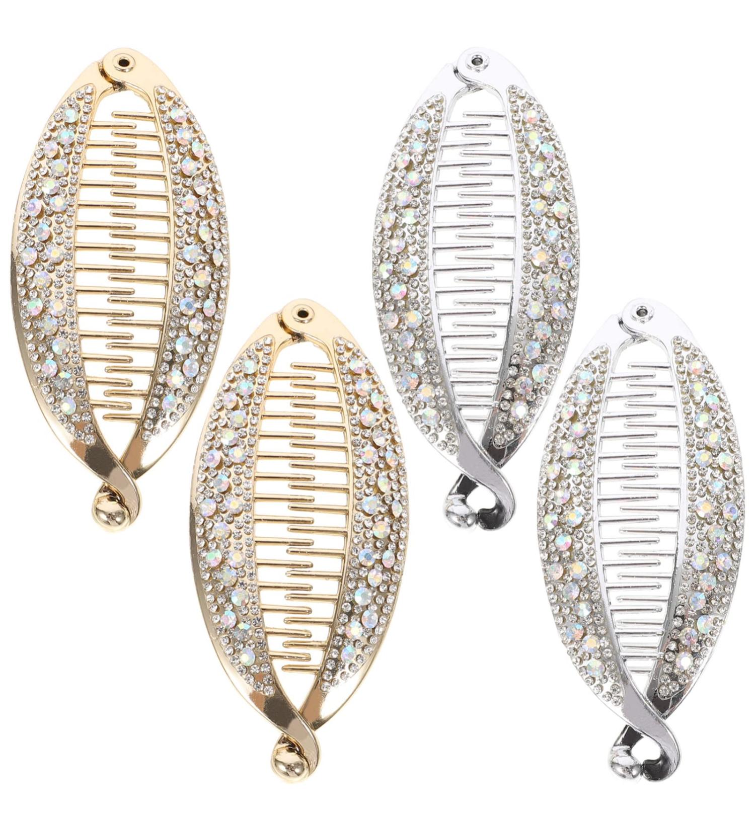 LEORX Banana Fish Hair Clip Rhinestones Ponytail Hair Comb Hair Barrettes Rhinestone Locking Hair Clip for Women 4pcs (Gold Silver) - Buy Online on GoSupps.com