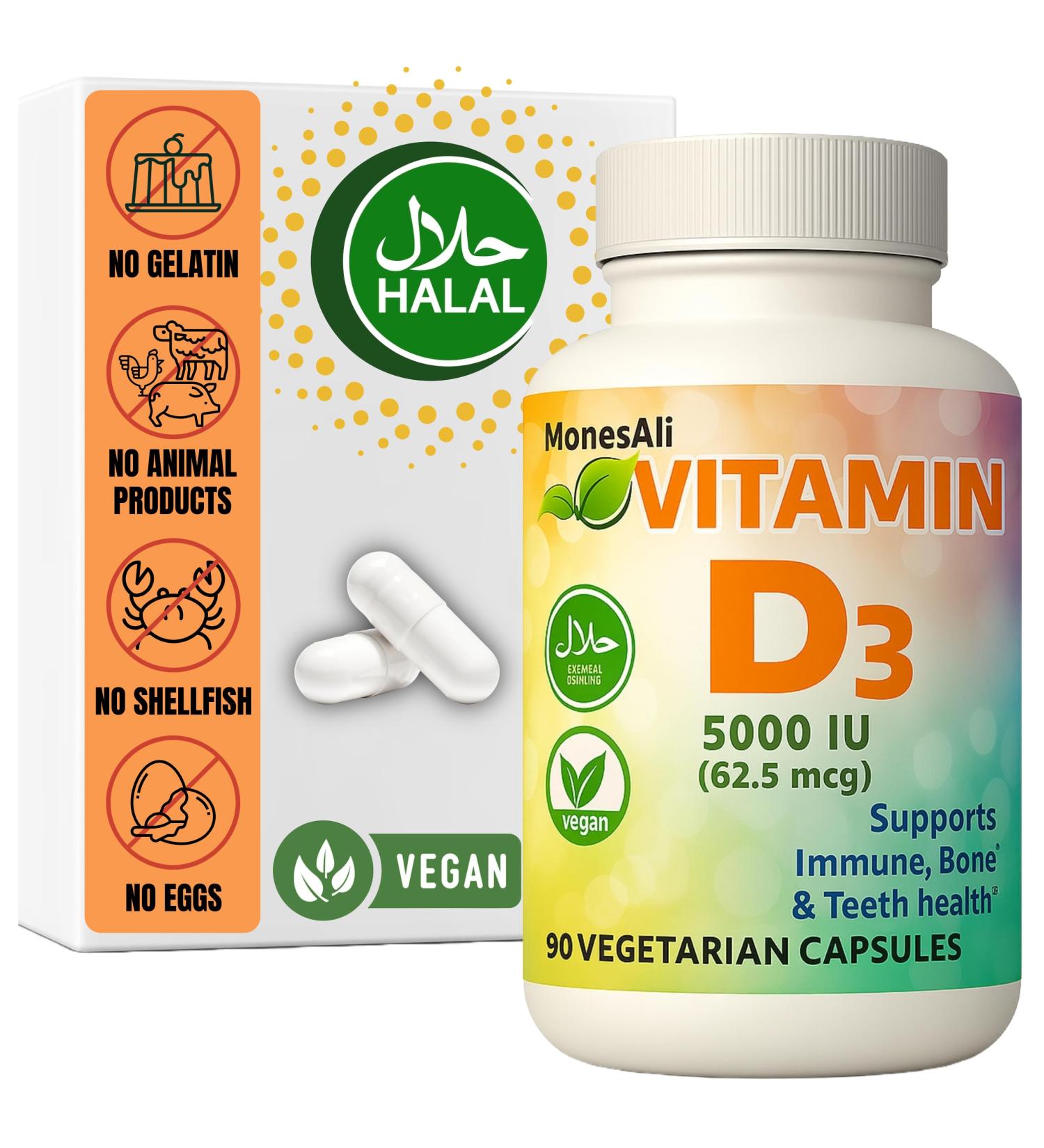MonesAli Halal Vitamin D Vitamin D3 2 500 IU Capsules Supports Bone Immune & Heart Health Vegan Non-GMO Gluten Free and Halal (90 Count) - Buy Online on GoSupps.com
