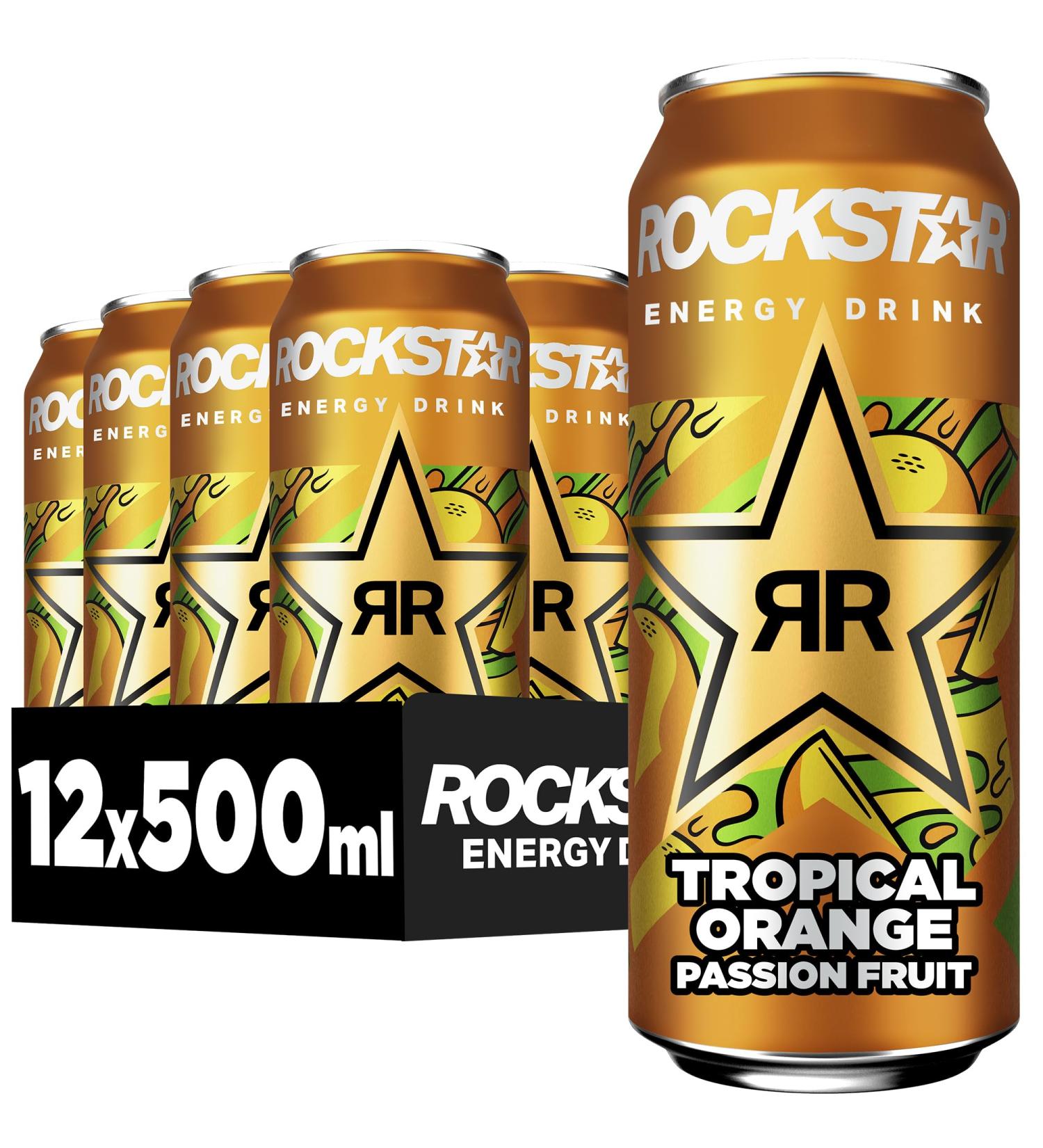 Rockstar Energy Drink Tropical Orange Passion Fruit - Caffeinated Soft Drink (12 x 500ml) | Boost Your Energy - International Shipping Available - Buy Online on GoSupps.com