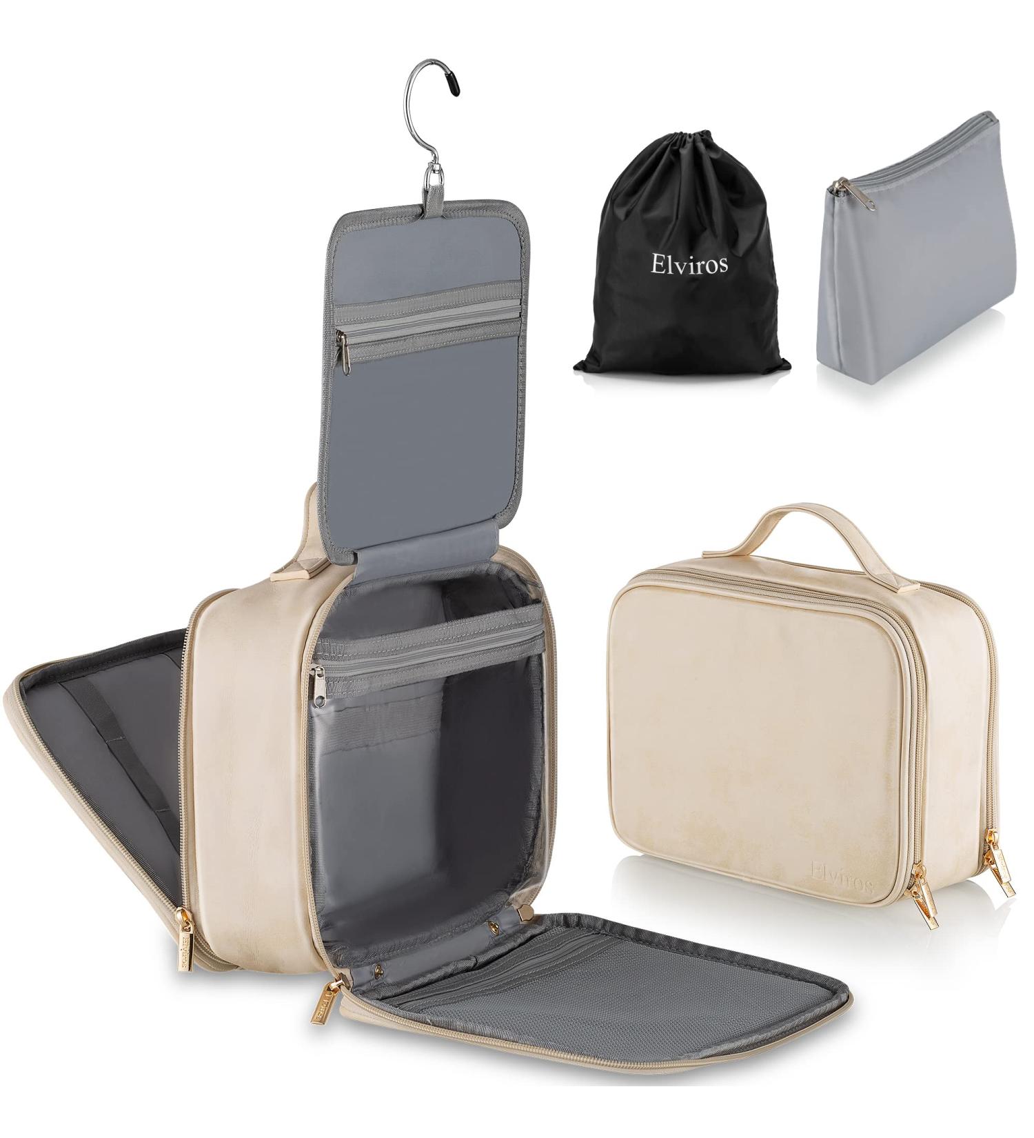 Elviros Travel Toiletry Bag for Women & Men - Large Hanging Leather Makeup Organizer - Water-Resistant Cosmetic Case - Beige (Medium) - Buy Online on GoSupps.com