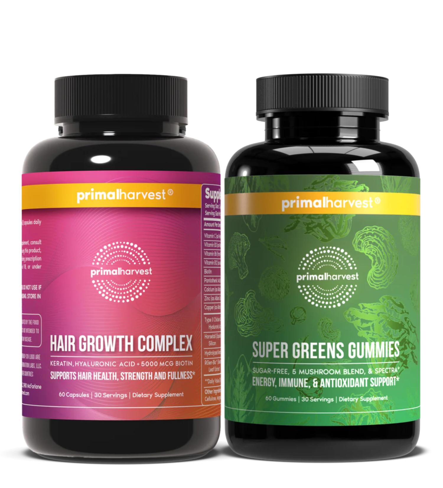 Primal Harvest Supergreens Gummies + Hair Complex | 2-Pack Bundle | 16 Superfoods + Key Nutrients for Hair Routine | Gummies & Capsules | Food Supplement | 30 Servings Each - Buy Online on GoSupps.com