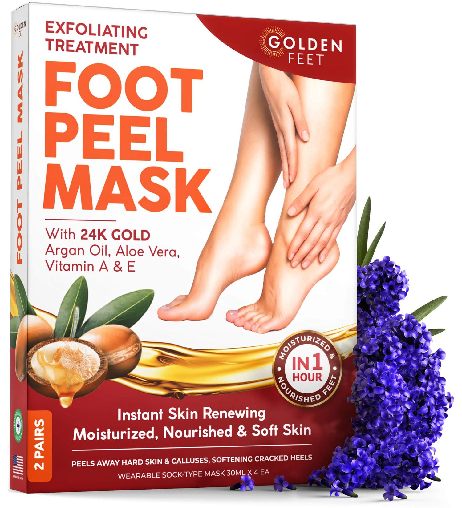 24K Gold Foot Peel Mask with Argan Oil, Aloe Vera, Vitamin A & E - Exfoliating Baby Soft Peeling Socks for Dead Skin, Dry Feet, Cracked Heels & Rough Calluses - Smooth Foot Repair - Buy Online on GoSupps.com
