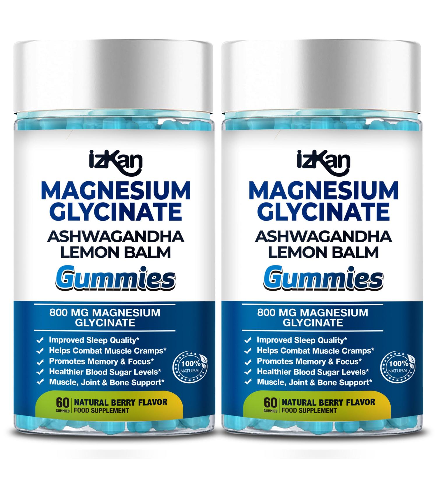  Izkan 800mg Magnesium Glycinate Gummies Sugar-Free Magnesium Supplement with Ashwagandha Lemon Balm Extract and CoQ10 for Sleep Stress Muscle Relief and Nerve Health - Buy Online on GoSupps.com