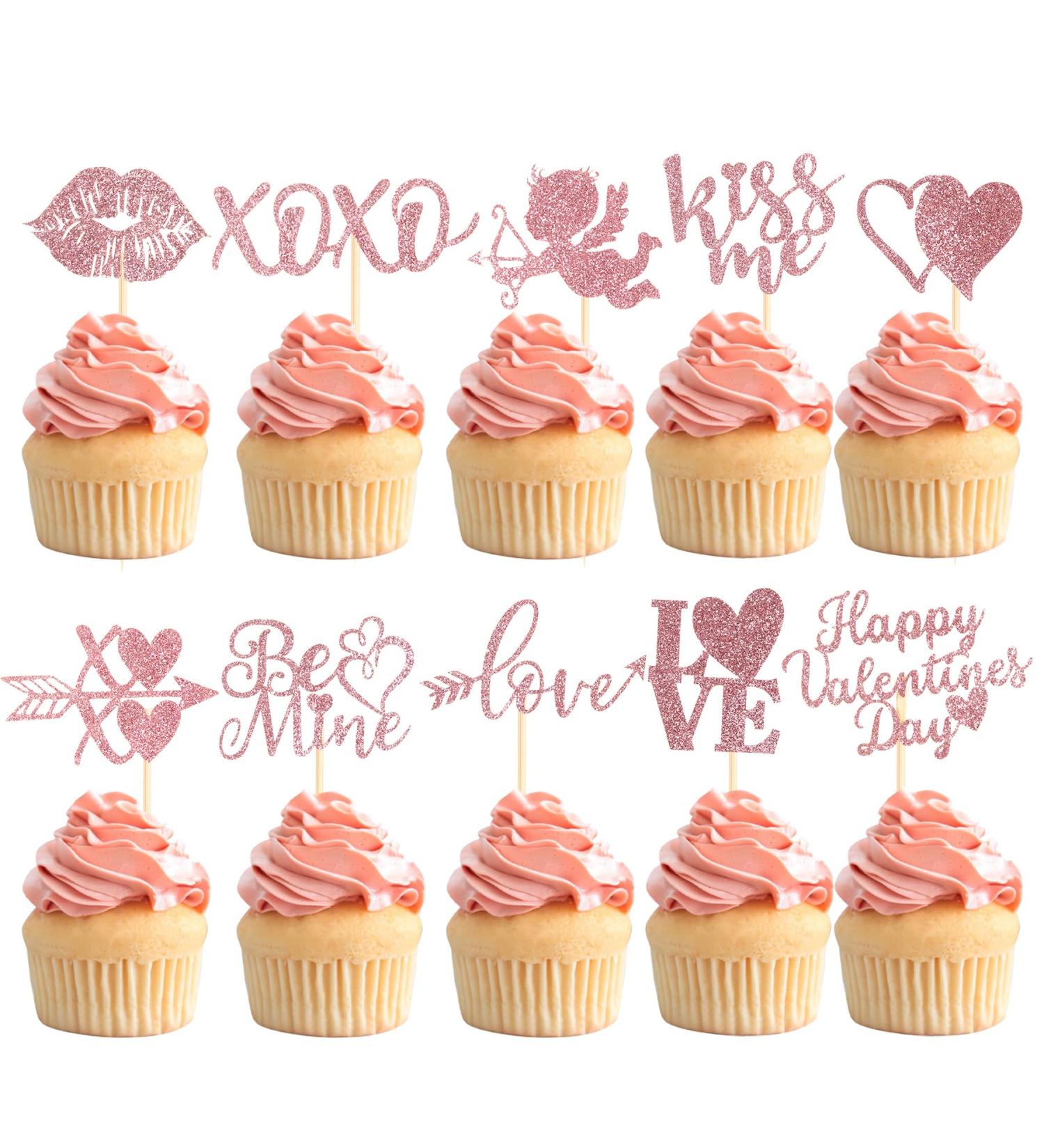 60 Pcs Happy Valentine's Day Cupcake Toppers Glitter Cupid Love Heart Lip Kiss Me Be Mine XOXO Cupcake Picks for Valentine's Day Theme Wedding Party Cake Decorations Supplies Pink - Buy Online on GoSupps.com
