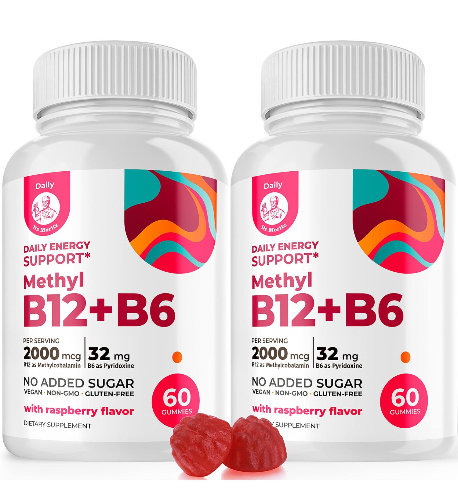 Dr. Moritz Vitamin B6 B12 Gummies - Sugar-Free Vegan Formula with 2000mcg Methyl B-12 and 32mg B-6 - Raspberry Flavor Chewable Vitamina for Adults & Kids - Buy Online on GoSupps.com