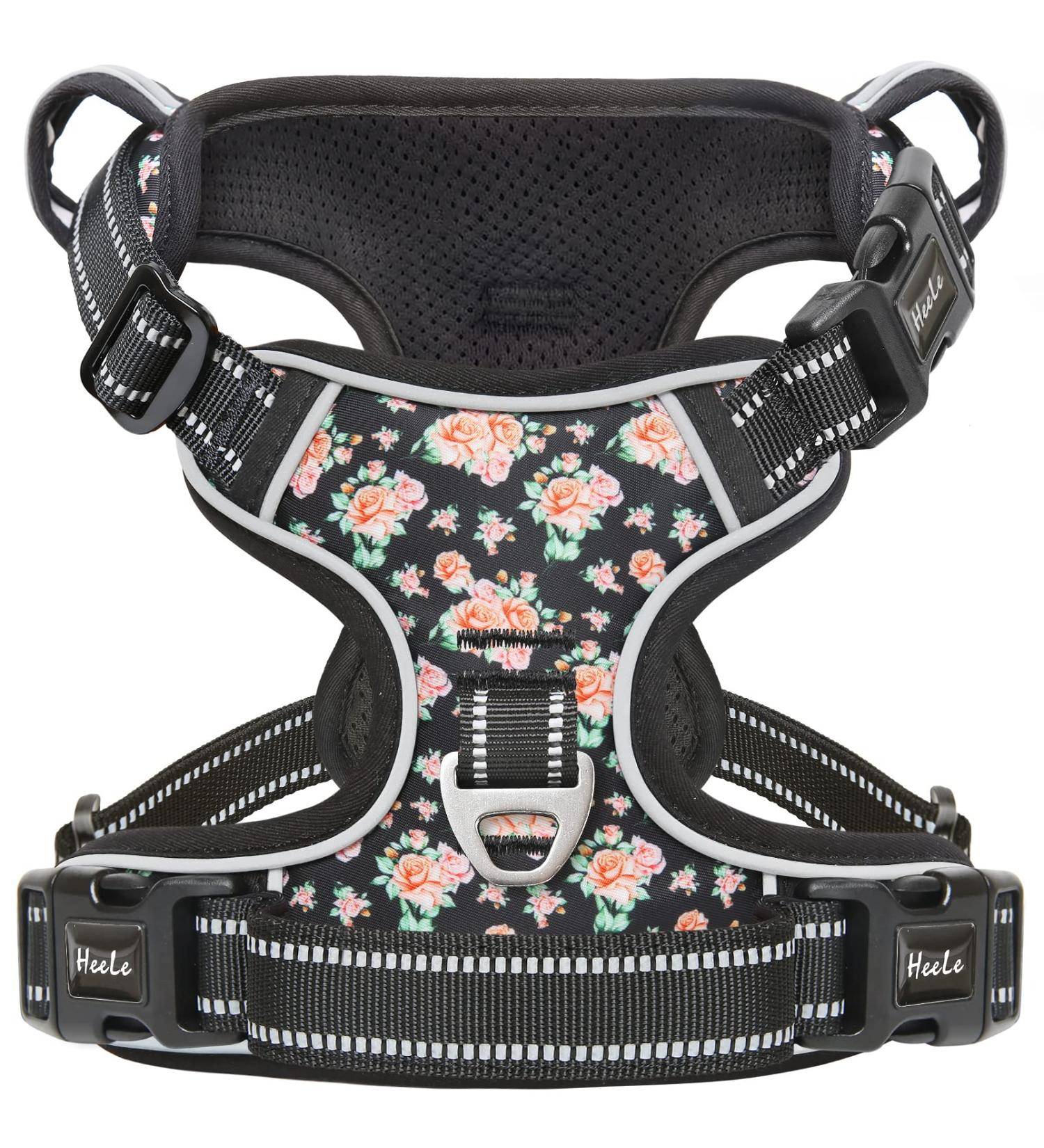 Heele Dog Crockery & Adjustable Reflective Dog Harness for Medium Dogs - Floral Black Anti-Pull with Padded Handle & 3 Buckles Fits Chest 35-61cm - Buy Online on GoSupps.com