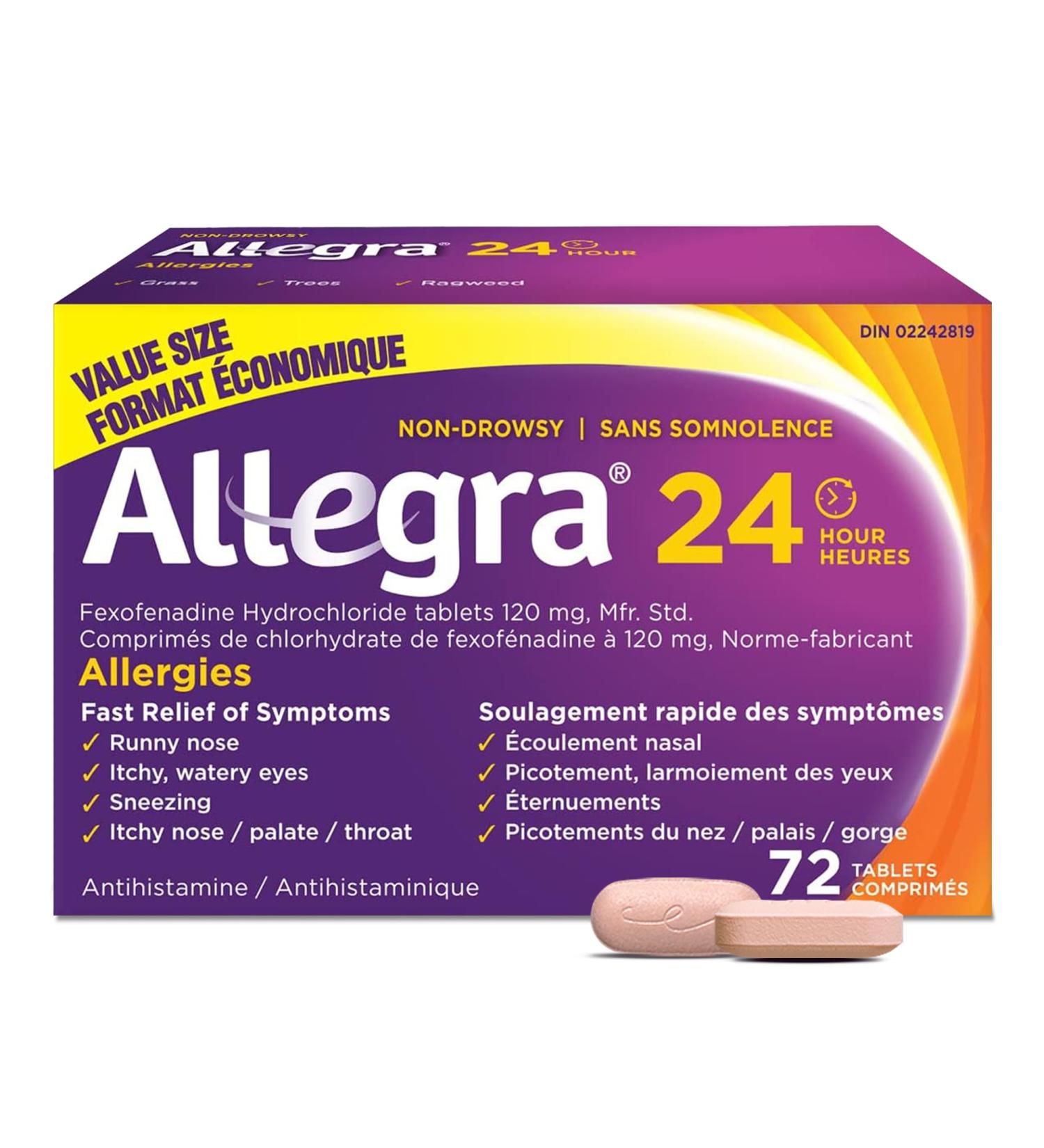 Allegra 24 / Hour Allergy Medication Non Drowsy Fast and Effective Allergy Relief Medicine for Sneezing Watery Eyes and Itchy Throat Fexofenadine Hydrochloride 120 mg 72 Tablets Value Size - Buy Online on GoSupps.com