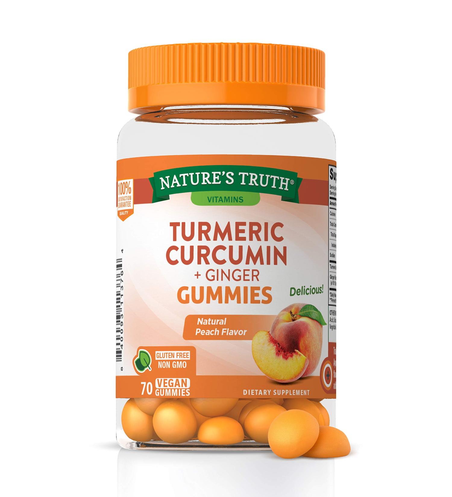 Nature's Truth Turmeric Curcumin + Ginger Gummies - 70 Vegan Peach Chews for Wellness - Buy Online on GoSupps.com