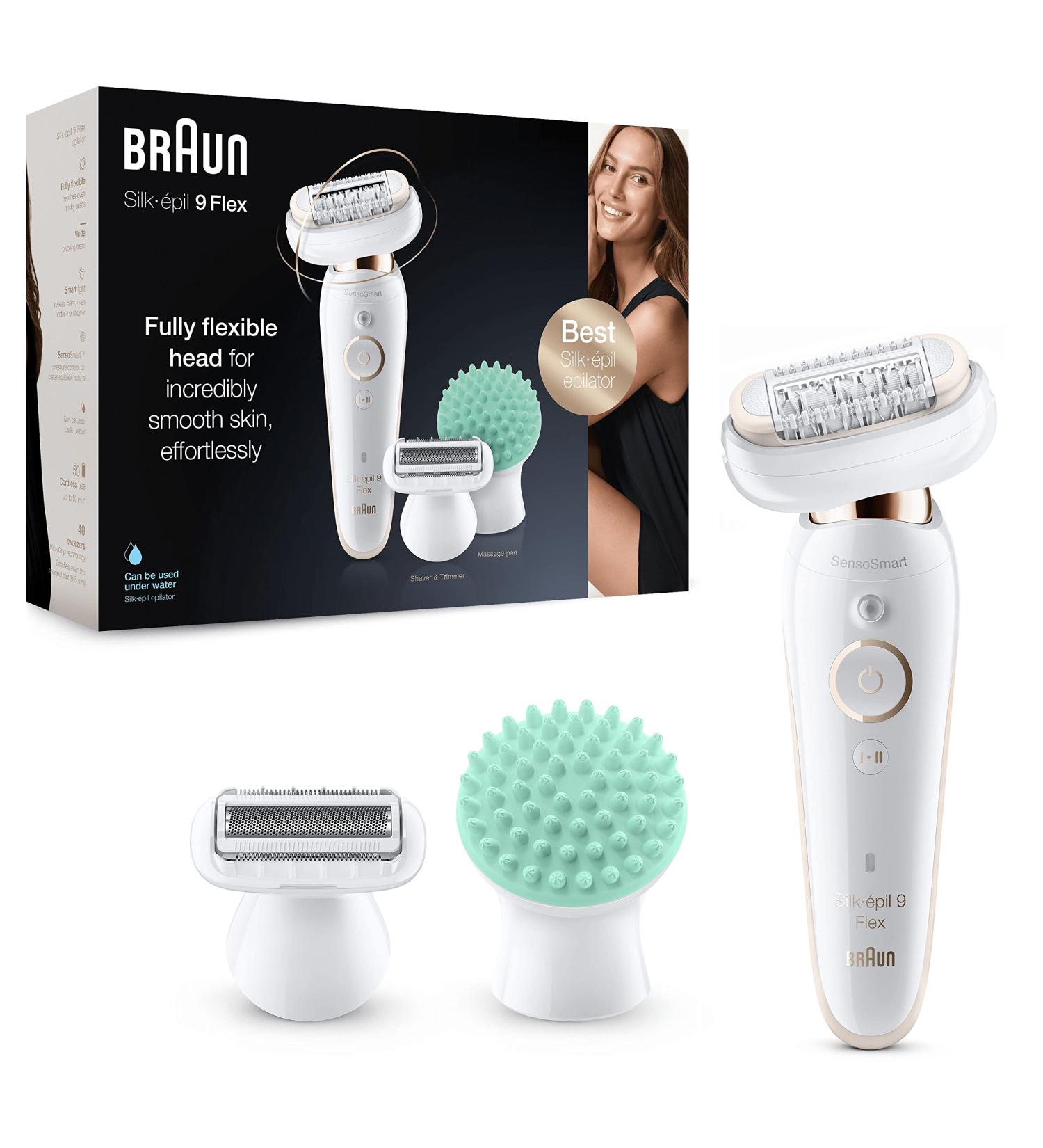 Braun Silk- pil 9 Flex Epilator with Electric Shaver & Trimmer - White/Gold | UK 2 Pin Plug | Women's Gift Set - Buy Online on GoSupps.com