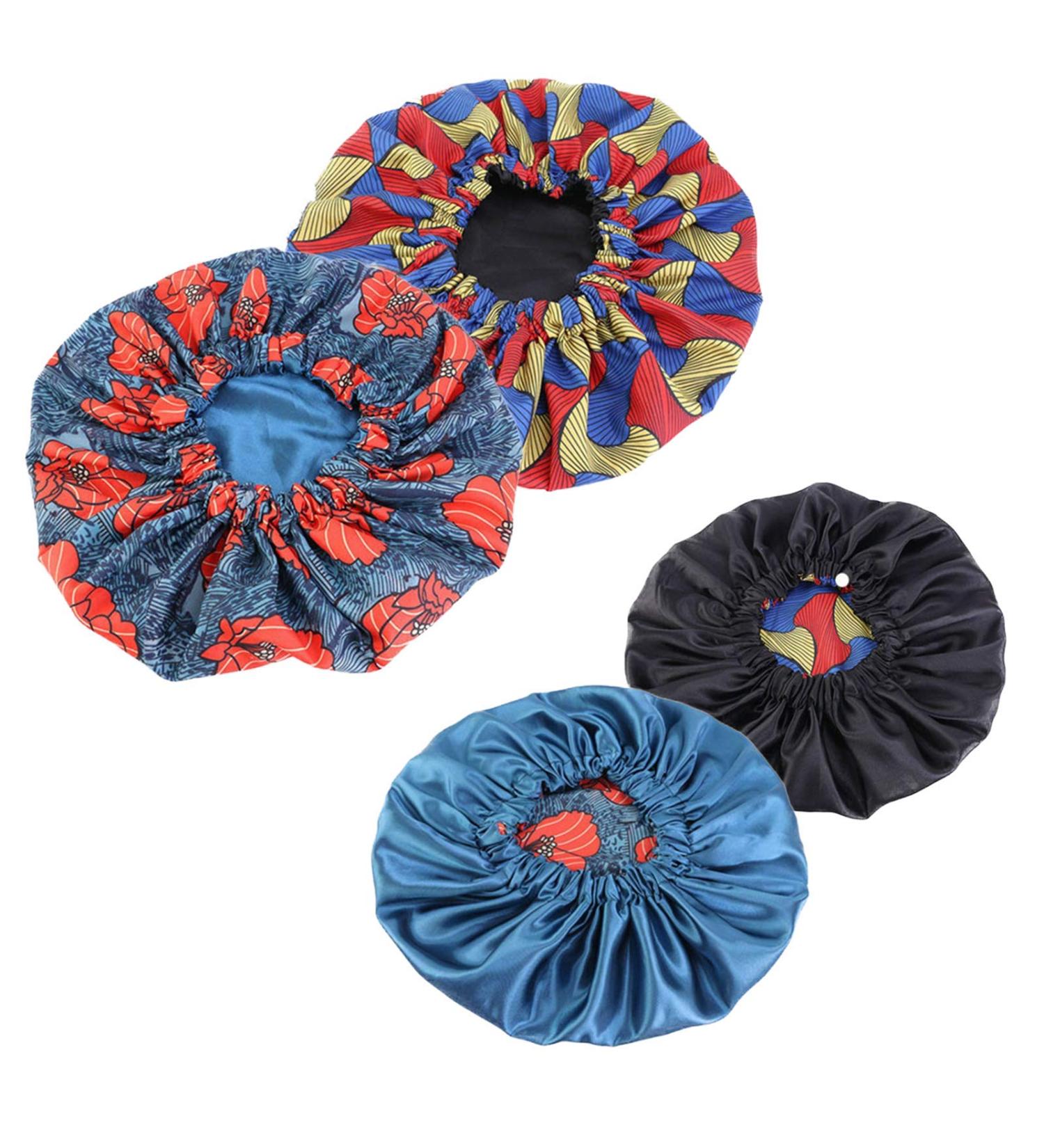 Qianmome Women Double-Layer Extra Large Print Satin Bonnet Sleep Cap - 2pcs African Ankara Pattern Bonnets (Peacock & Black) - Buy Online on GoSupps.com