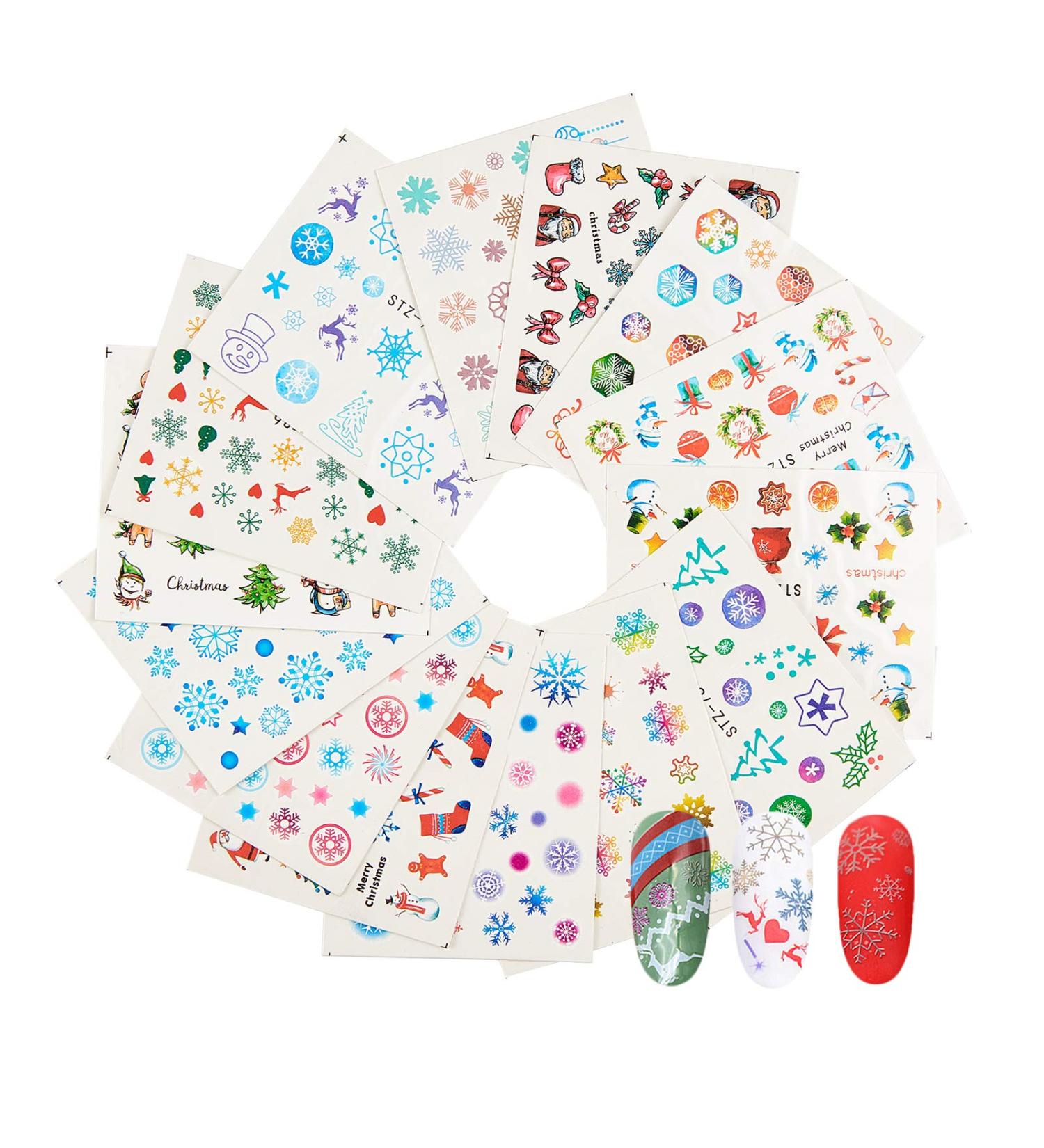 NICENEEDED 15 Sheets Christmas Theme Nail Art Stickers Water Transfer Stickers Nail Art Decals With Tweezer Plastic Cuticle Pusher Scissors For DIY Nail Decoration(Style 2) - Buy Online on GoSupps.com