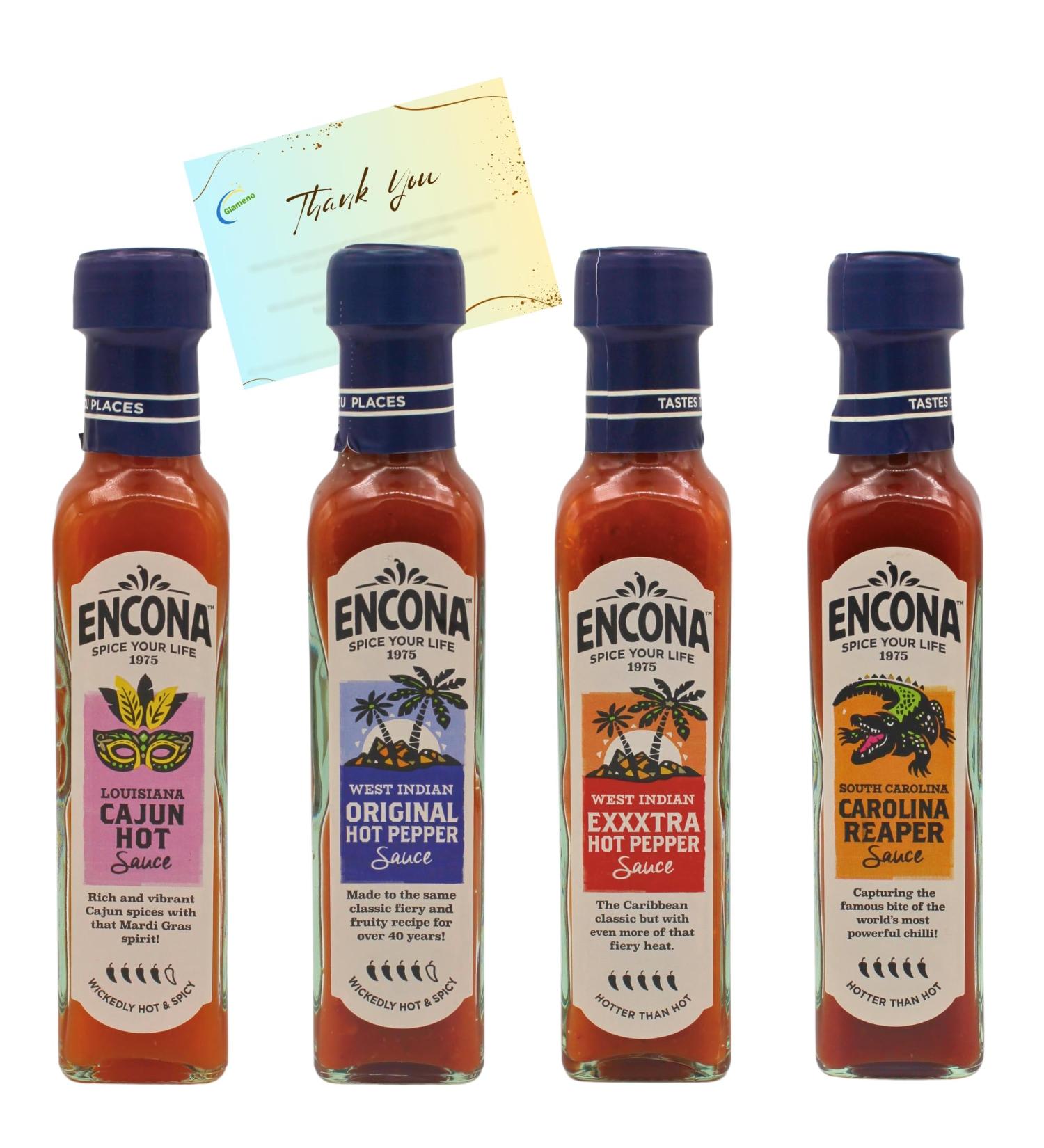 Hot Sauce Bundle with Encona 142ml Cajun Hot Original Hot Pepper Exxxtra Hot Pepper Carolina Reaper and Glameno Thank You Card - Buy Online on GoSupps.com