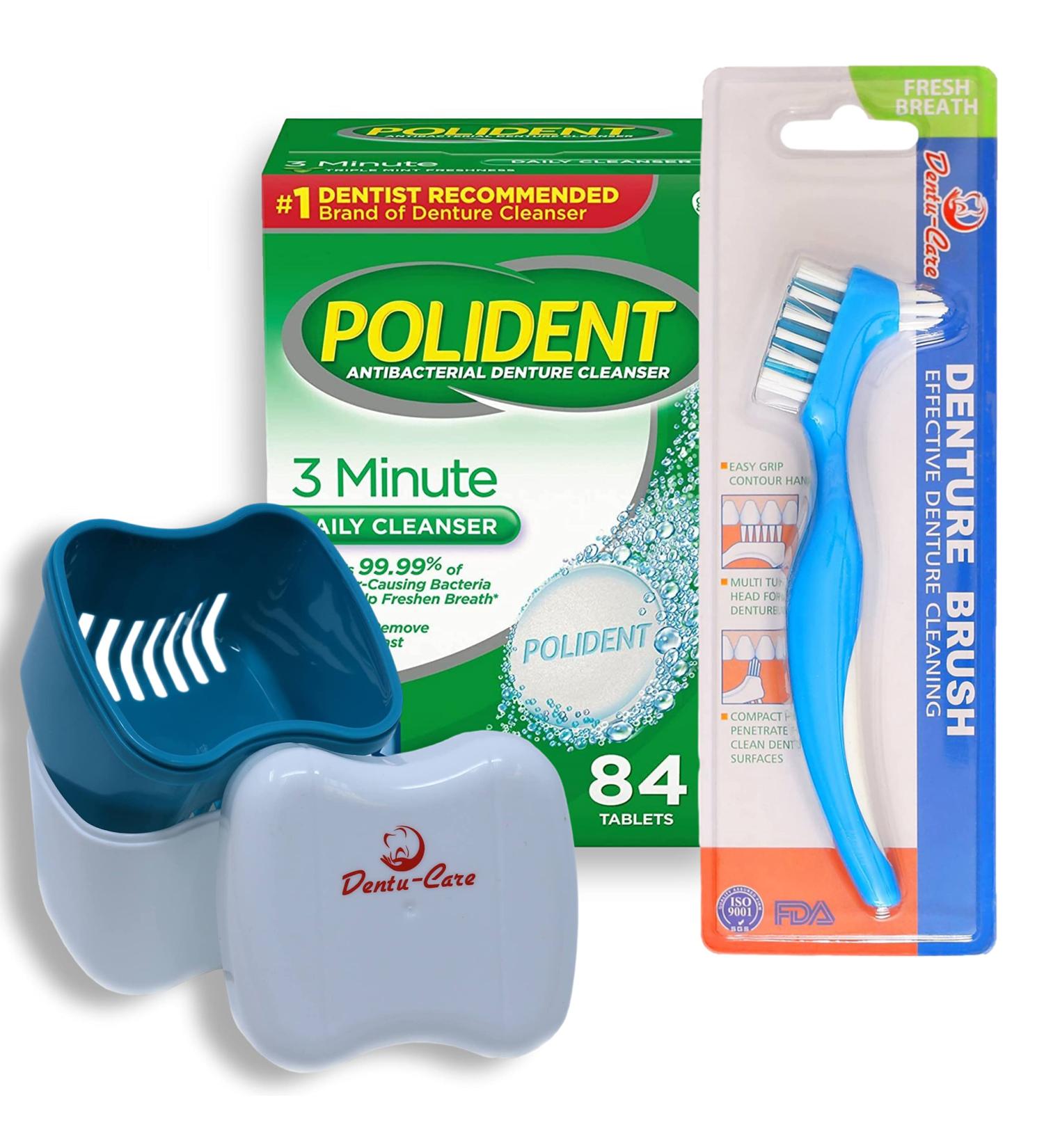 Polident 3-Minute Denture Cleaner 84 Tablets Bundle with Dentu-Care Case and Brush | For Easy Maintenance of Full/Partial Dentures & Mouthguards | Soothe Gums, No More Discomfort - Buy Online on GoSupps.com