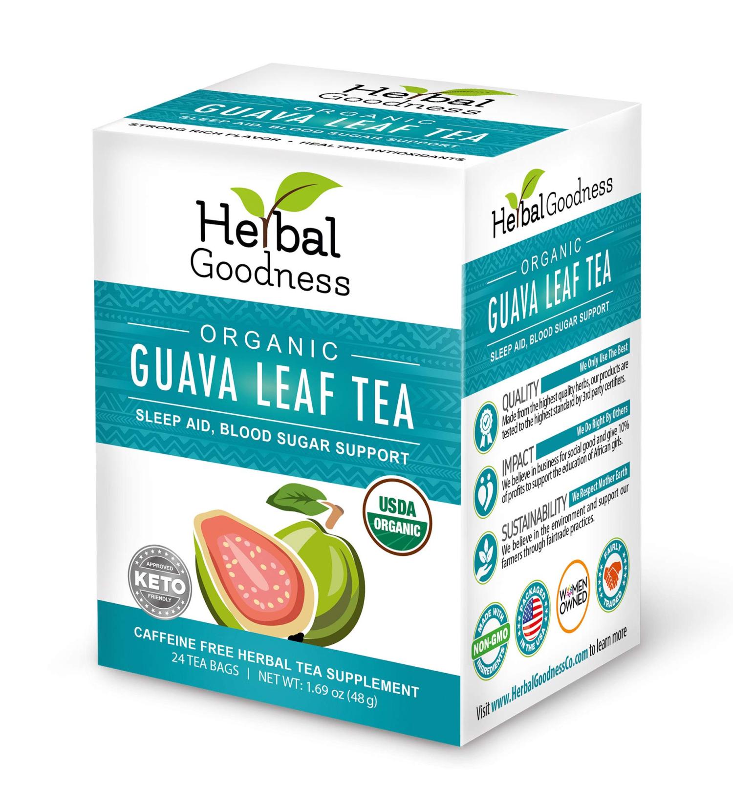 Organic Guava Leaf Tea for Sleep Aid, Metabolism Support, Hair Re-Growth, Skin & Nails - 100% Pure, Kosher, Made in USA - 24 Teabags - Buy Online on GoSupps.com