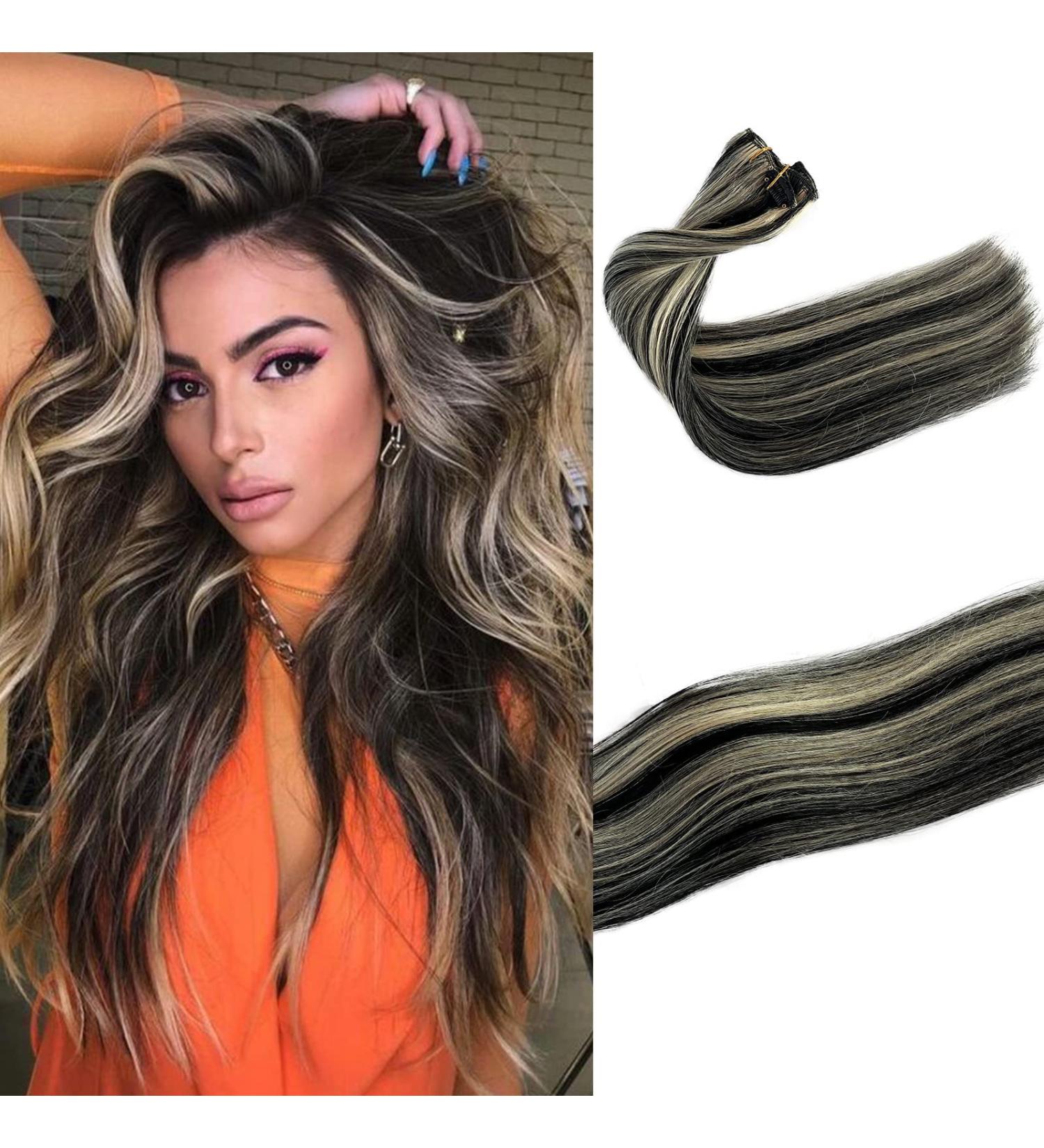 70g Clip-In Human Hair Extensions - 20inch Straight Remy Hair #1P613 Black with Light Blonde Balayage - 7pcs - Buy Online on GoSupps.com