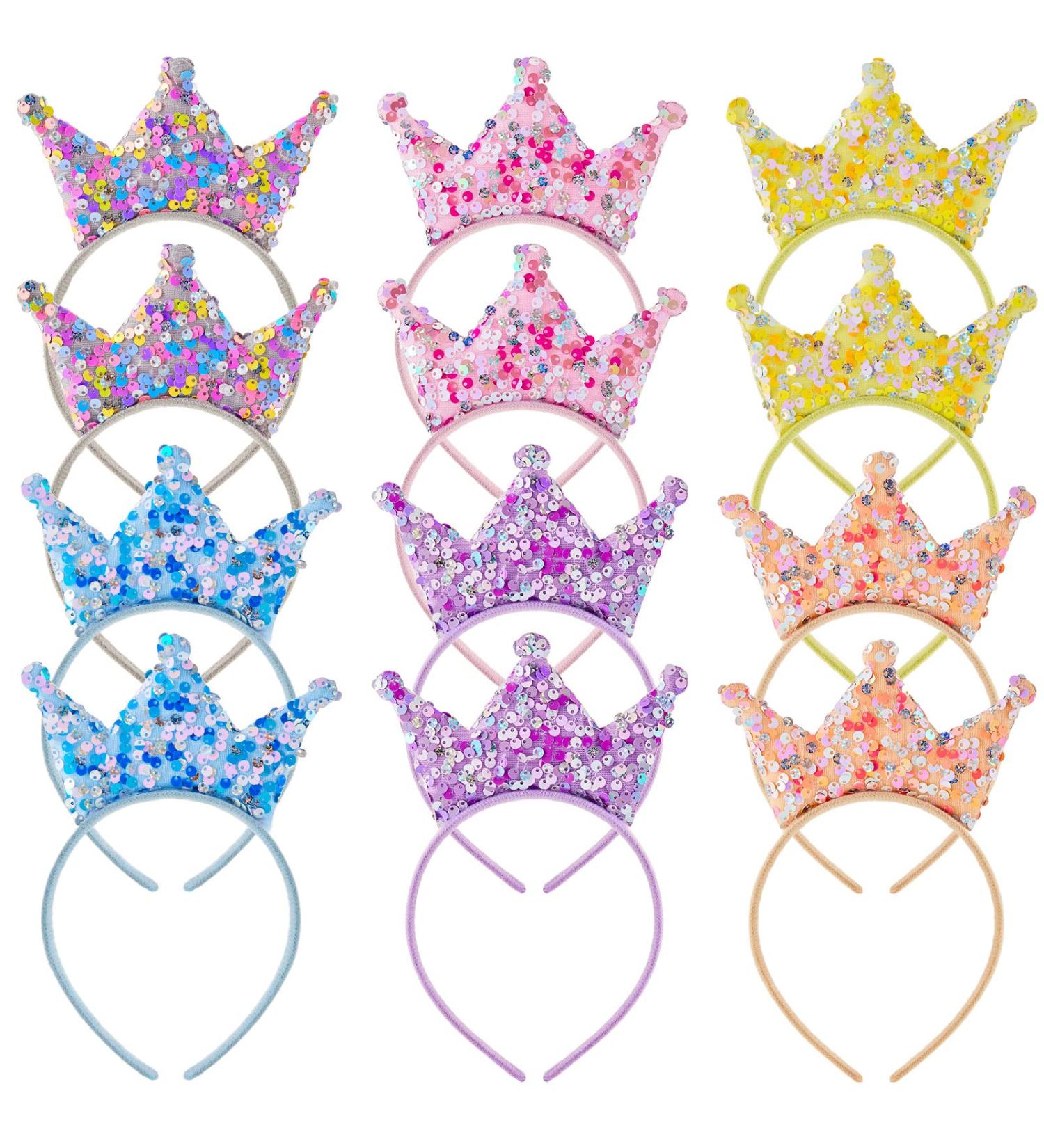 Juexica Sequin Crown Headbands - 12 Pack Princess Party Favors for Girls & Women - Glitter Elastic Tiaras in Pink, Blue, Purple & More - Buy Online on GoSupps.com