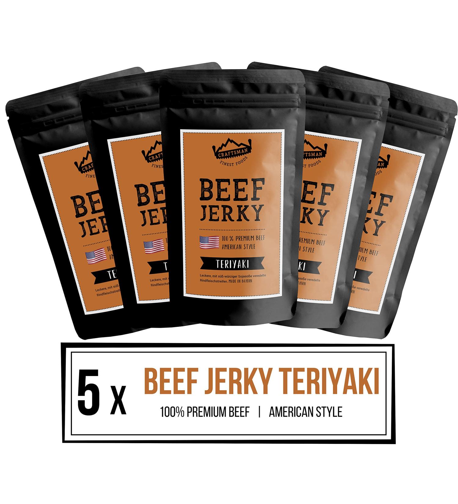  CRAFTSMAN FINEST FOODS Craftsman Beef Jerky TERIYAKI 500 g (5 x 100 g) dry meat from Germany Bavaria American Jerky Beef 100% beef Teriyaki Premium Beef Made in Germany - Buy Online on GoSupps.com