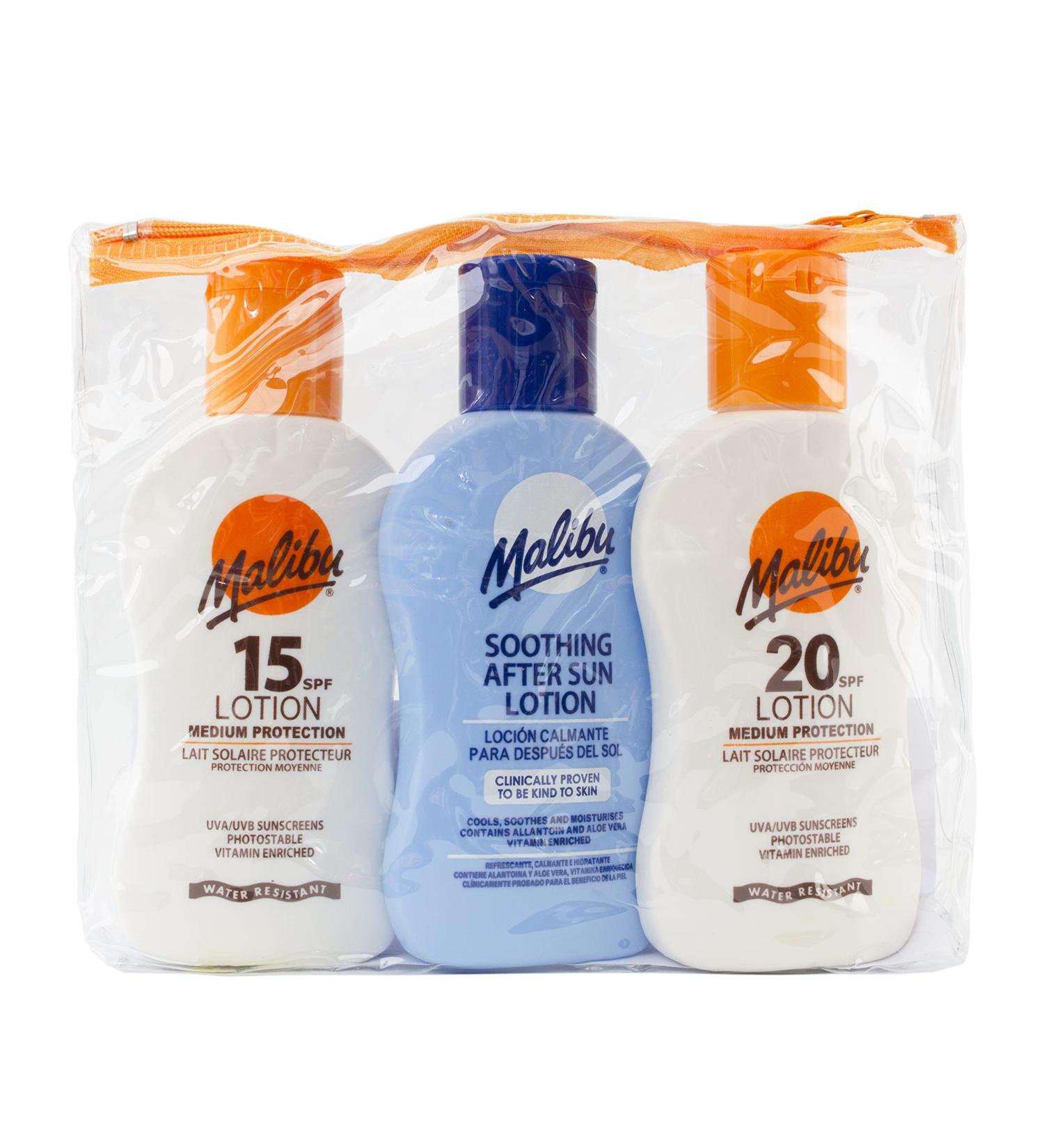 Malibu Sun Travel Essentials with Medium Suncream Protection and Soothing Aftersun Lotion Water Resistant SPF 15 and 20 Multipack 3 x 100ml - Buy Online on GoSupps.com