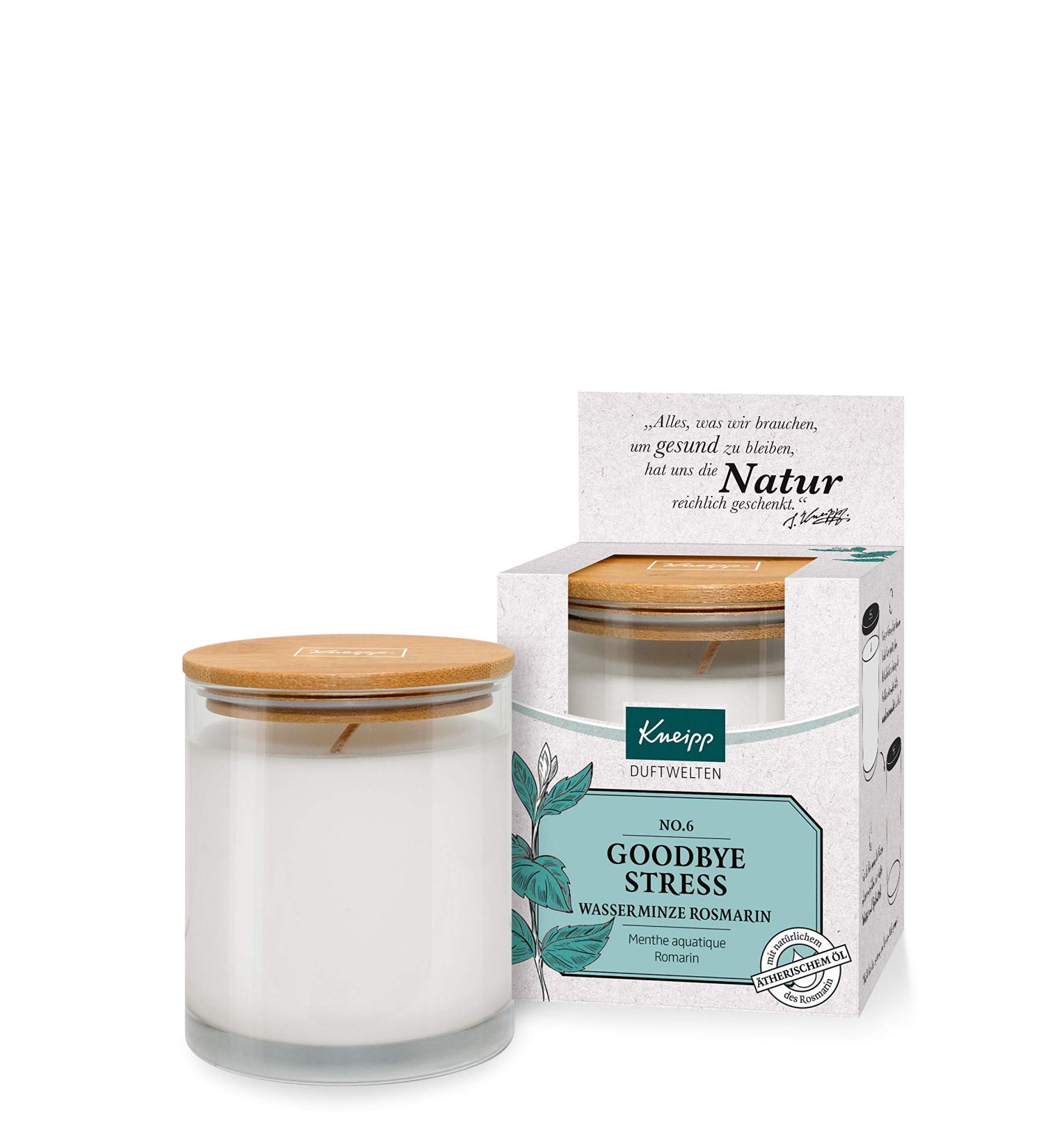 Kneipp Fragrance Candle No.6 Goodbye Stress - Natural Essential Oils 145g Mood Candle with Rosemary & Watermint - Reusable Glass & Wooden Lid - Stress Relief & Fresh Aroma - Buy Online on GoSupps.com