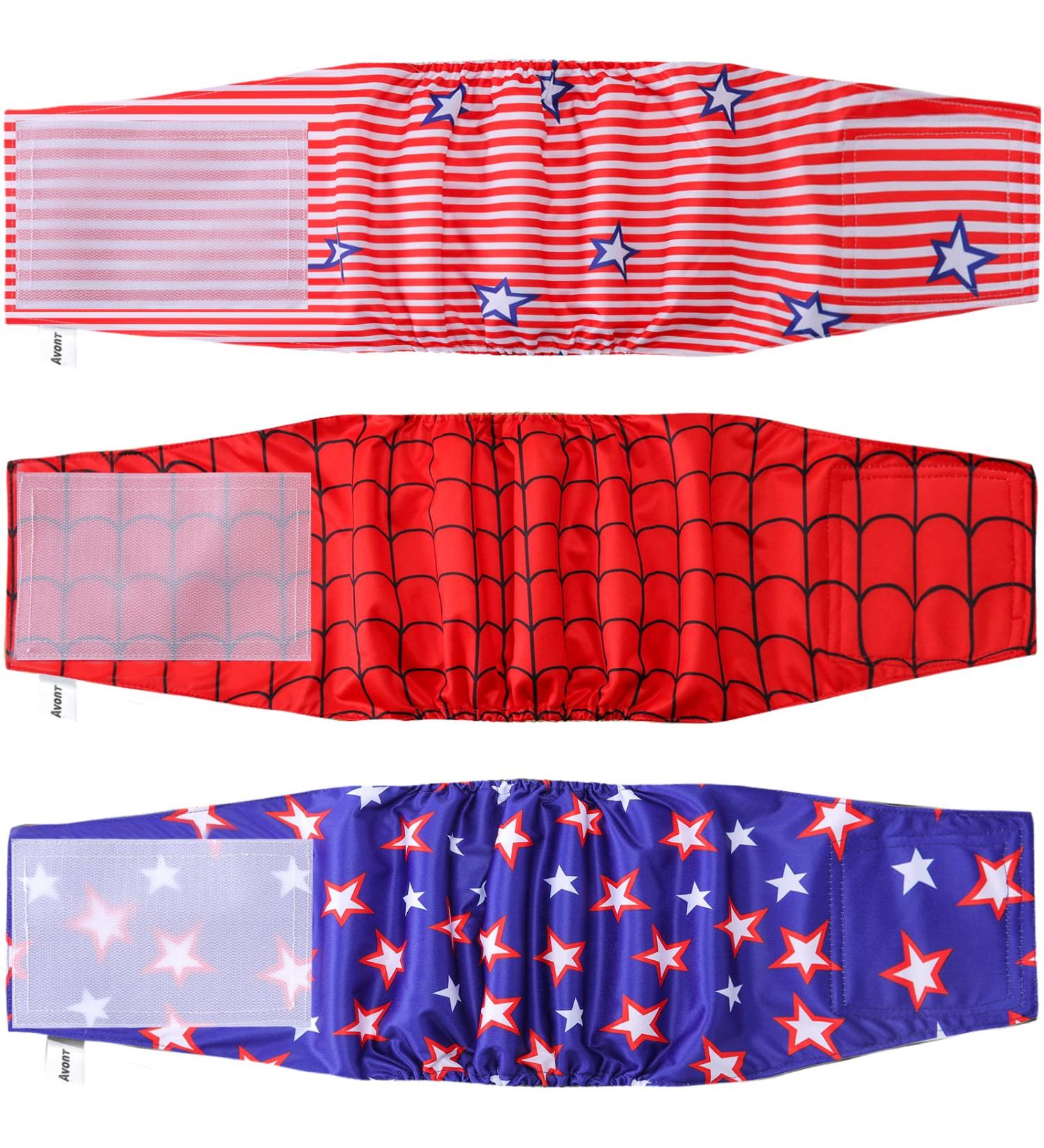 Avont Male Reusable Dog Diapers - 3 Piece Washable Belly Bands for Incontinence | Eco-Friendly XS (22-29cm) - Flag/Star/Spider-Man Design - Buy Online on GoSupps.com