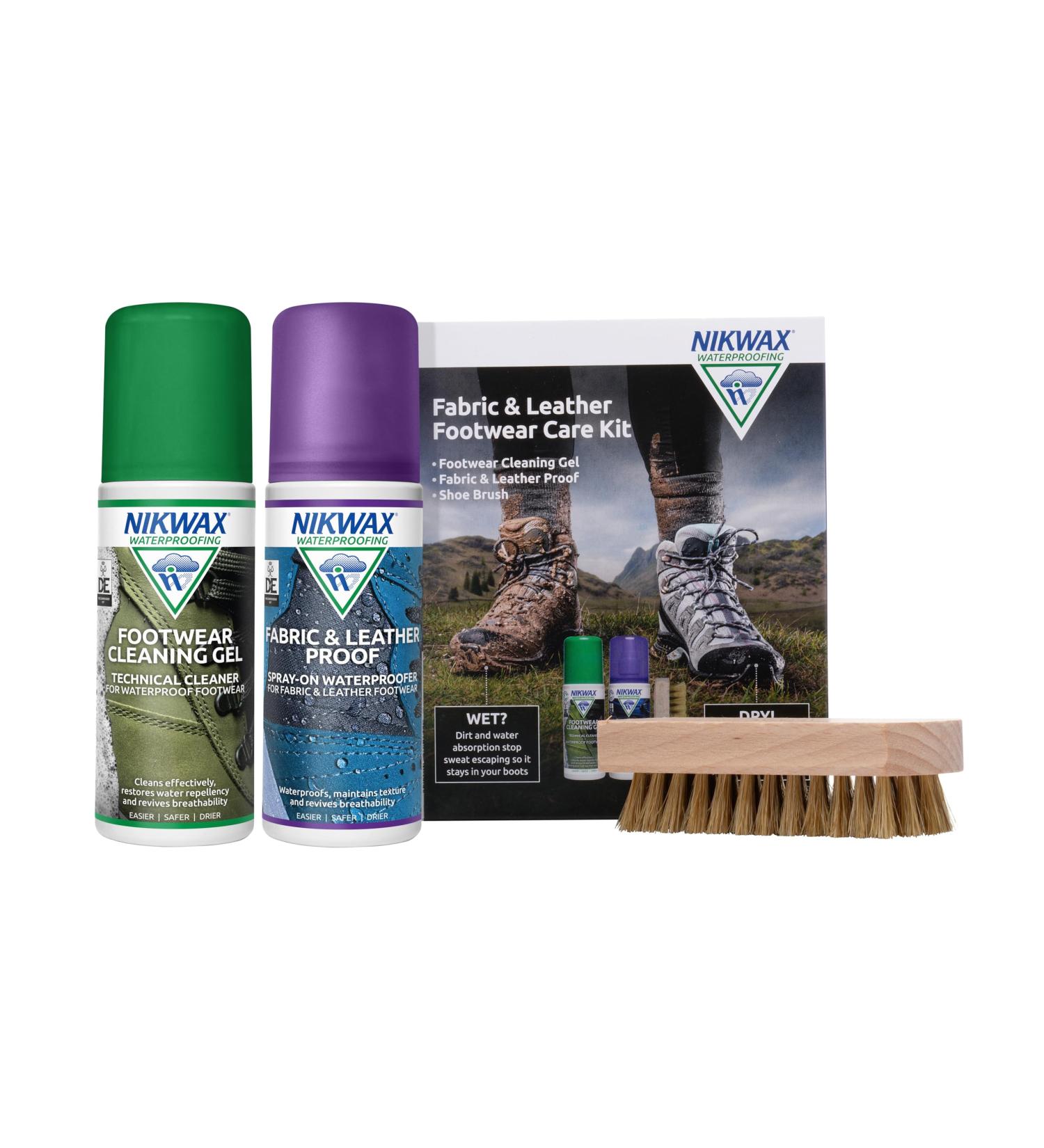 Nikwax Fabric & Leather Footwear Care Kit - Cleaner & Waterproof Spray with Brush - Buy Online on GoSupps.com
