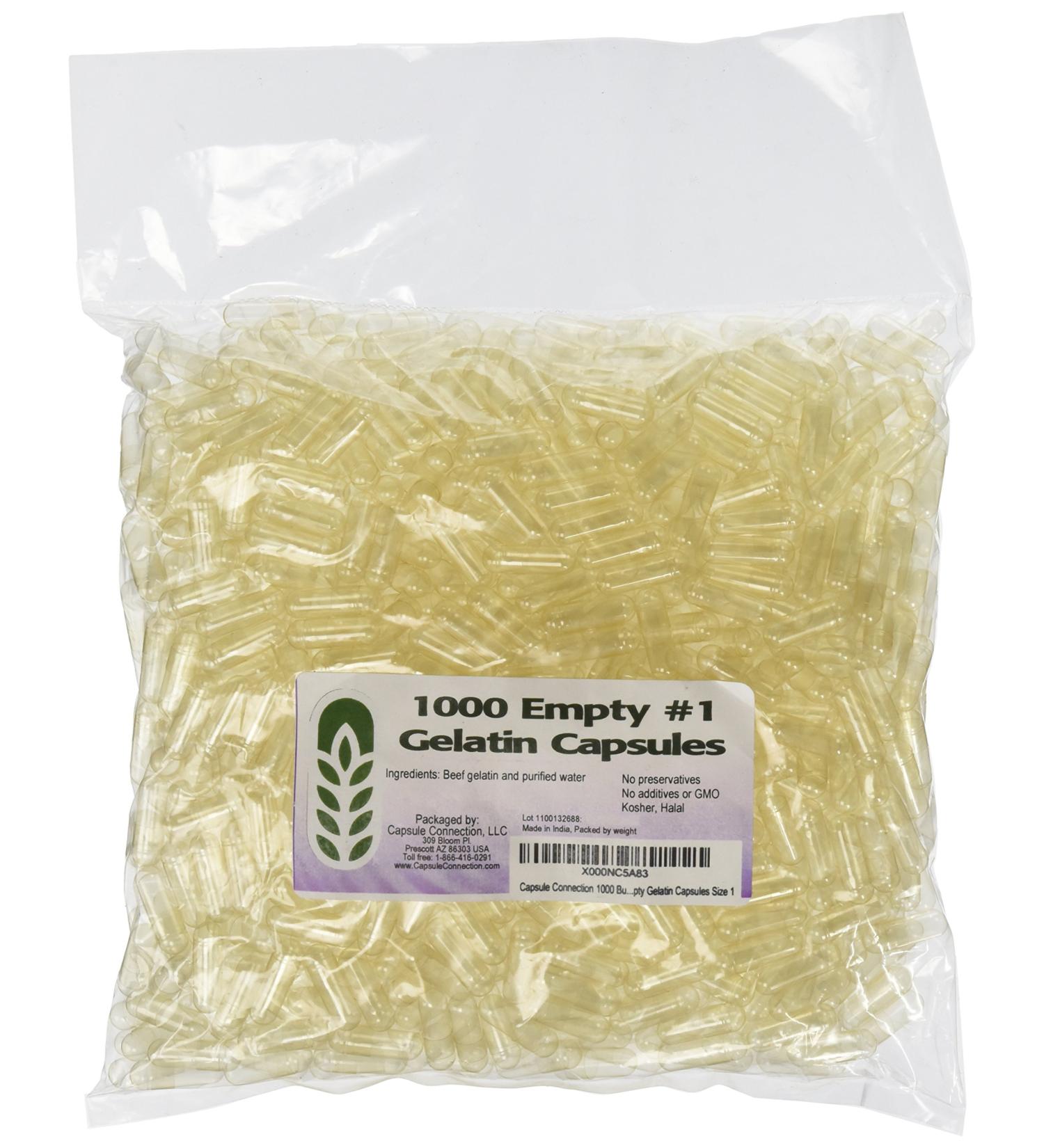 Capsule Connection 1000 Bulk 1 Empty Gelatin Capsules Size 1 resealable Bag