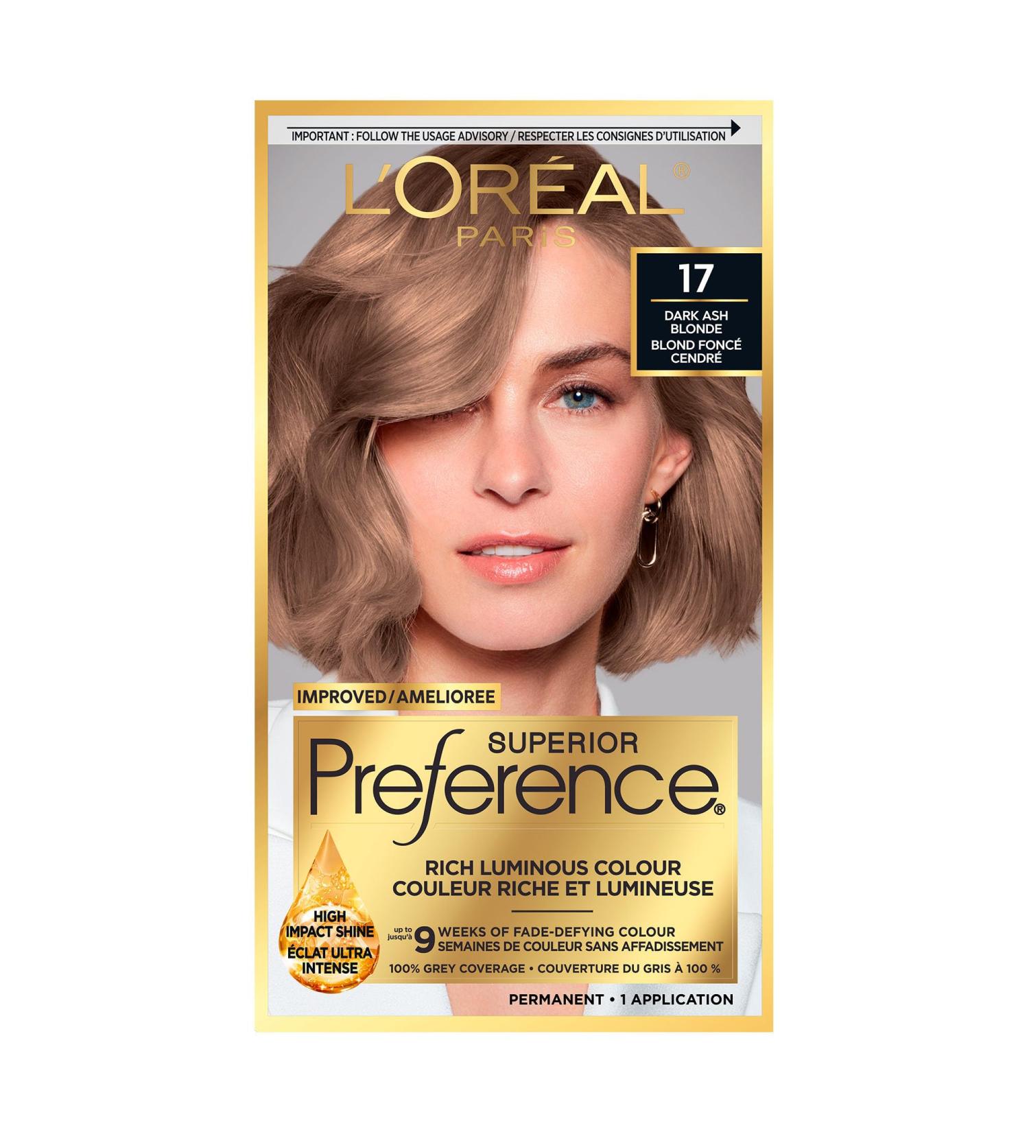 L'Oreal Paris Superior Preference Hair Dye Hair Color for Women 17 Dark Ash Blond Hair Dye Permanent Hair Color 100% Grey Coverage 9 weeks of Luminous Fade-Defying 1 Hair Dye Kit (Packaging May Vary) Dark Ash Blonde 1 Count ( Pack Of 1 ) - Buy Online on GoSupps.com