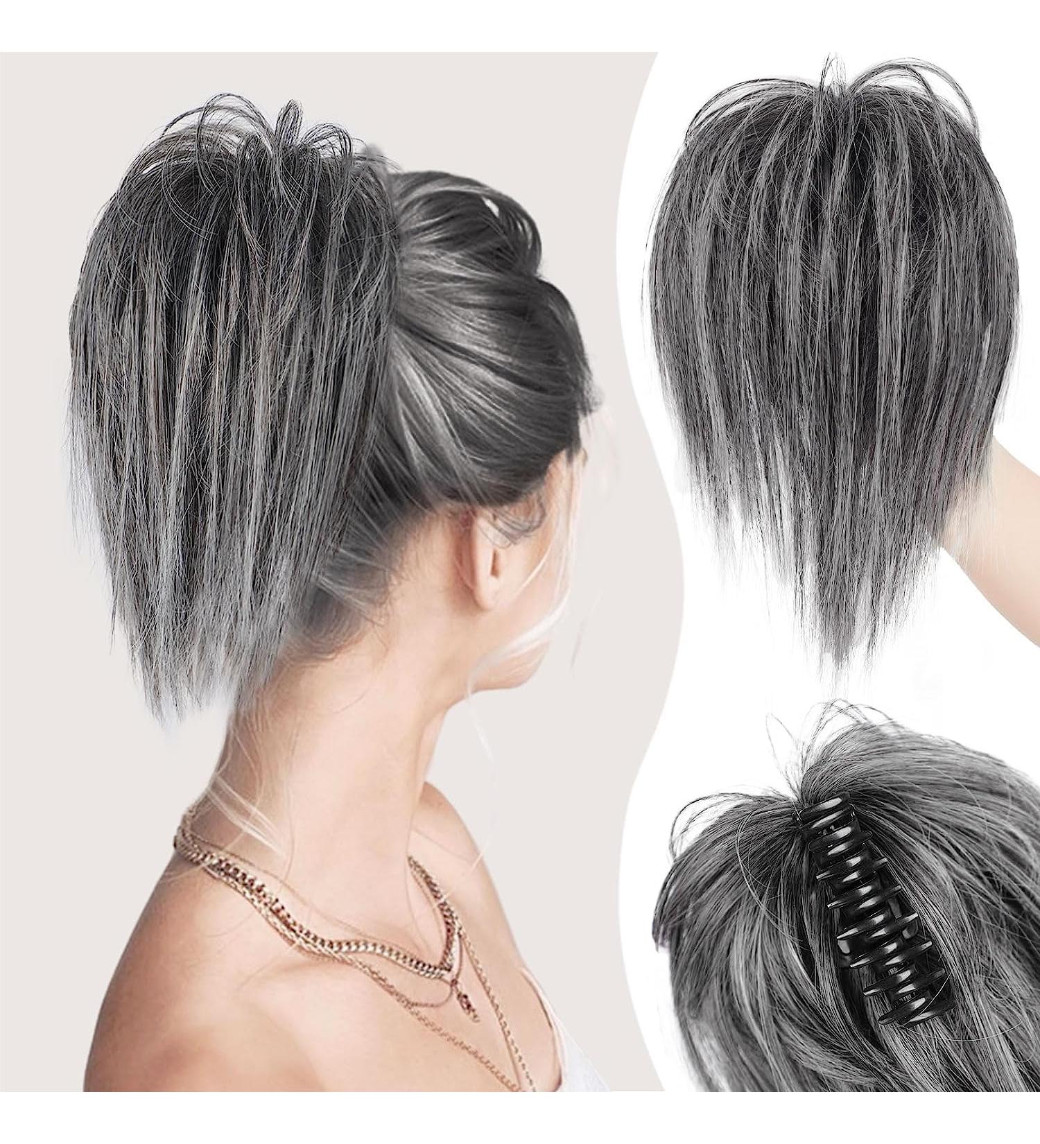 colorfulpanda Claw Clip Short Ponytail Hair Extensions Messy Bun Clip in Hair Scrunchies Natural Straight Synthetic Hairpiece Hair Chignons black gray for Women Gray mix black - Buy Online on GoSupps.com