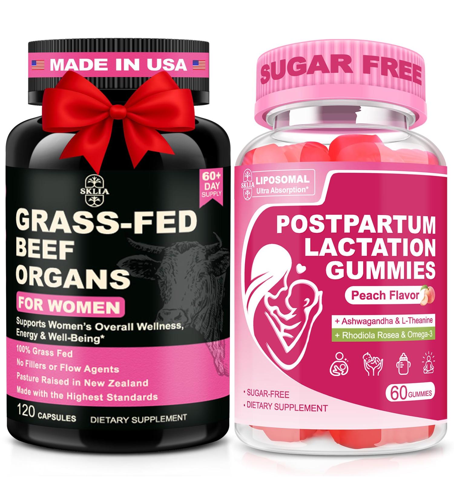 SKLIA Liposomal Lactation Supplement Gummies for Nursing Moms Beef Organ Supplement for Women Bundle | Lactation Support Gummies & Grass Fed Beef Liver Kidney Uterus Ovary Capsules - Buy Online on GoSupps.com