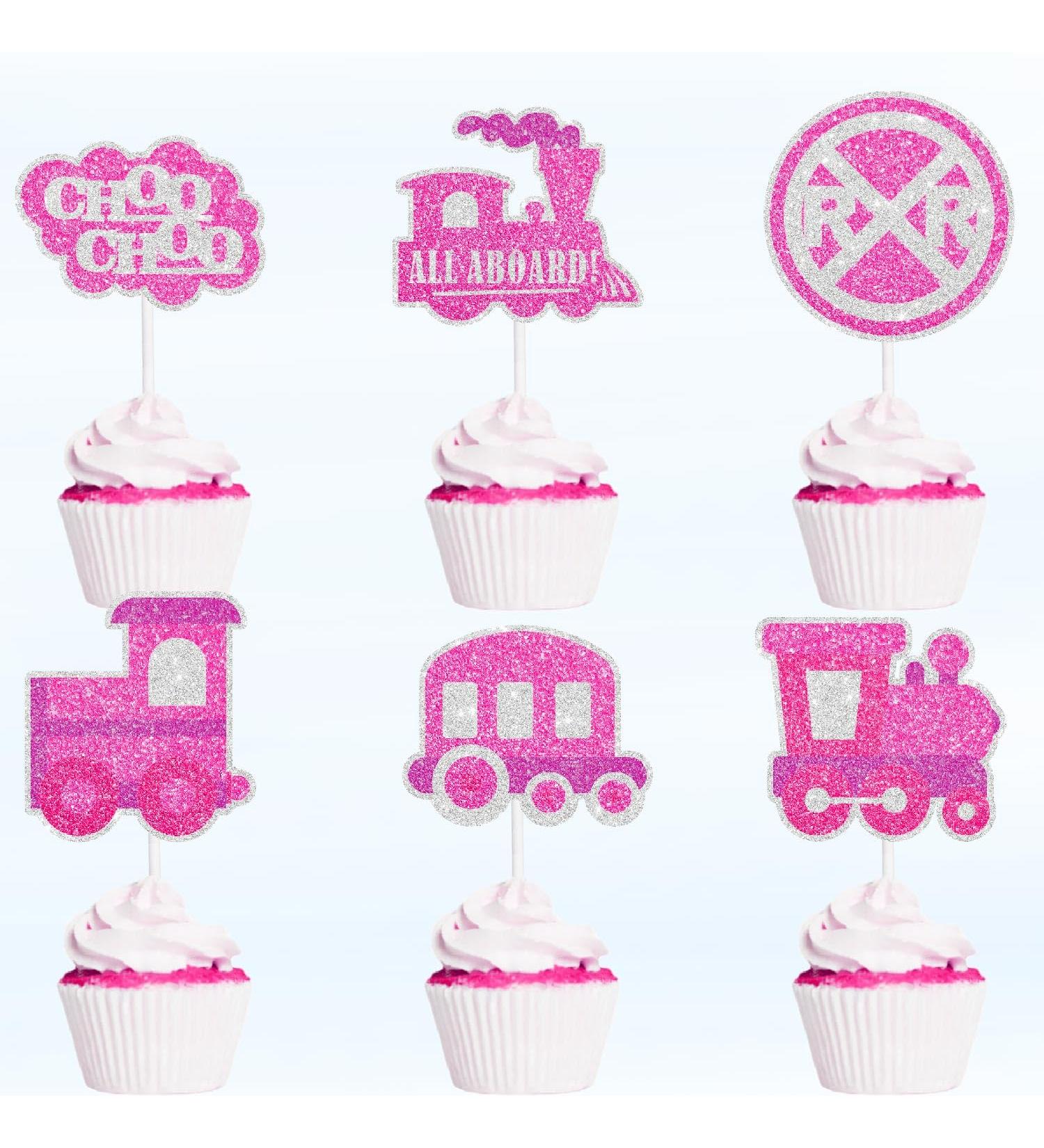 Pink Glitter Kids Train-Themed Happy Birthday Cupcake Toppers Set of 18 - Perfect for a girl's train birthday party baby shower party or themed railroad party Choo-choo decorations - SugarGera - Buy Online on GoSupps.com