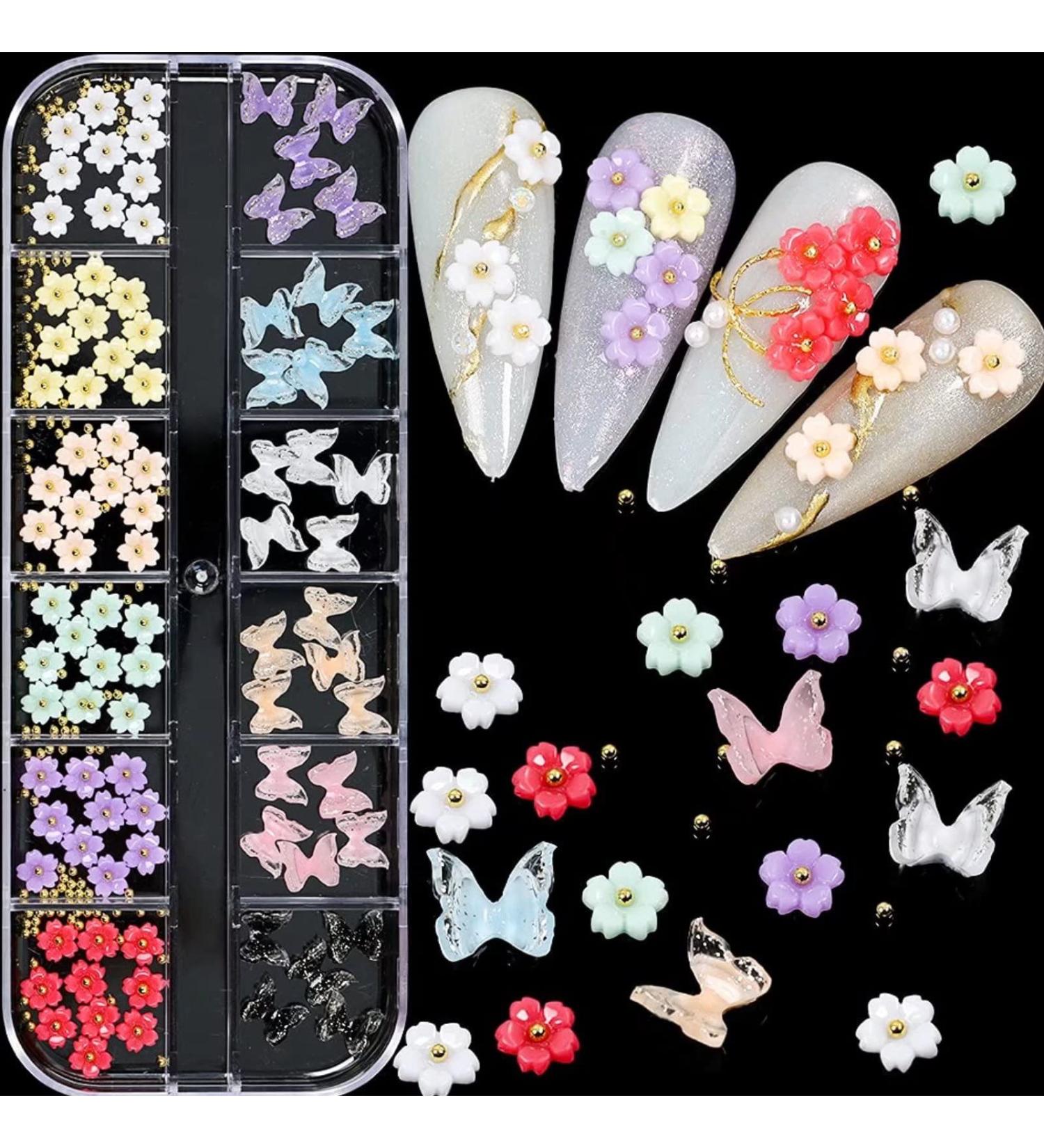 3D Flowers & Butterfly Nail Charms with Golden Caviar Beads - Nail Art Studs & Diamonds for Women DIY Nails - Buy Online on GoSupps.com