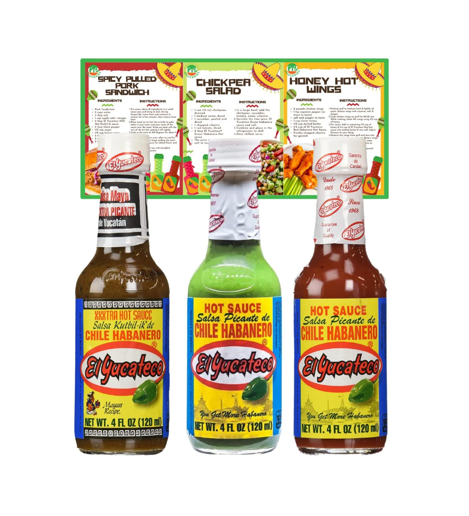  Go2 Groceries The hot chili sauce set contains El Yucateco Green Habanero XXXTRA Hot Kutbil-ik-de Salsa and Red Habanero (120 ml each) with recipe cards - Buy Online on GoSupps.com
