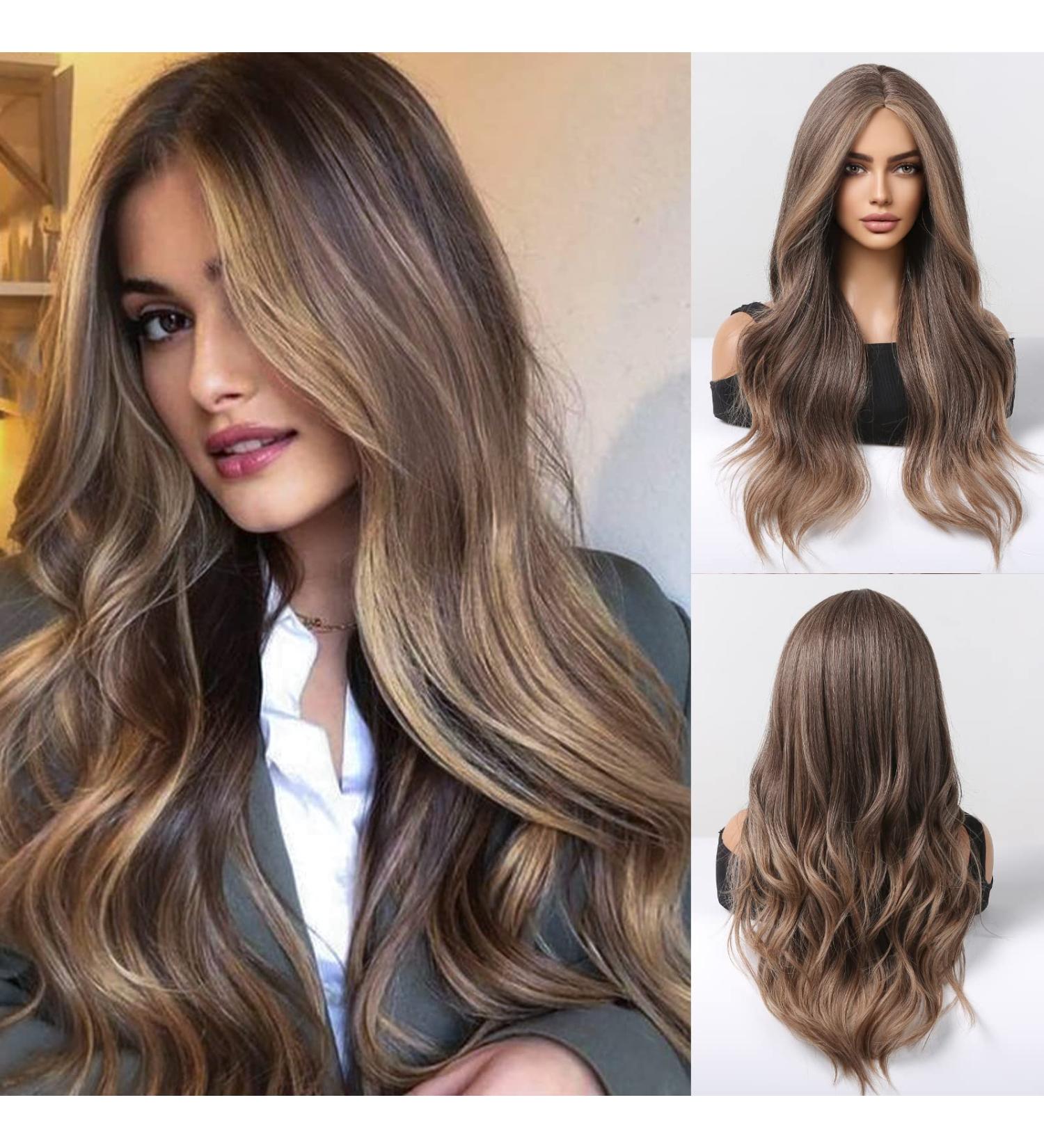 HAIRCUBE Long Brown Wavy Wig for Women - Synthetic Curly Hair with Highlights, Middle Parting - Mixed Brown - Buy Online on GoSupps.com