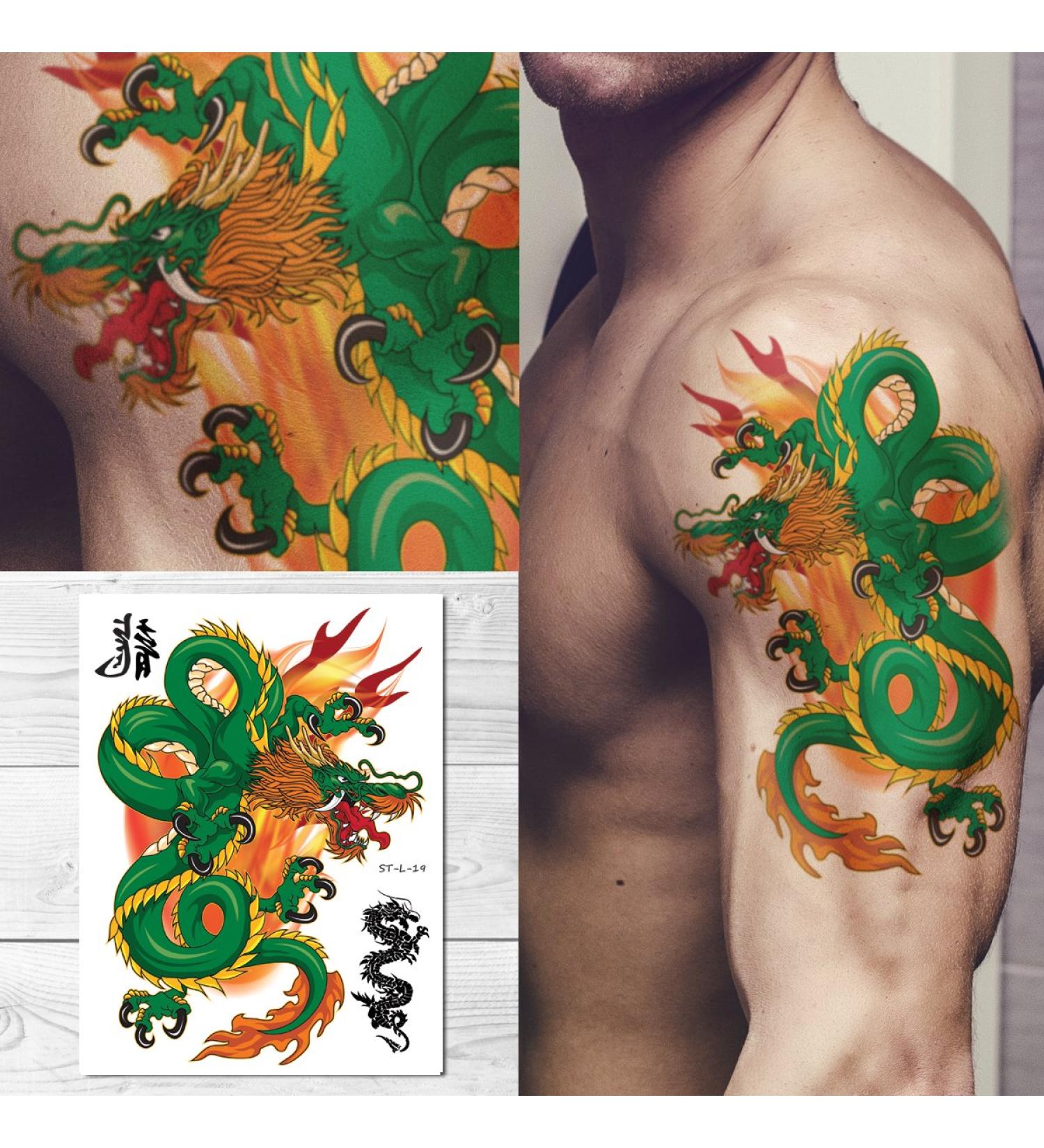 Supperb  Temporary Tattoos - Green Dragon on Fires