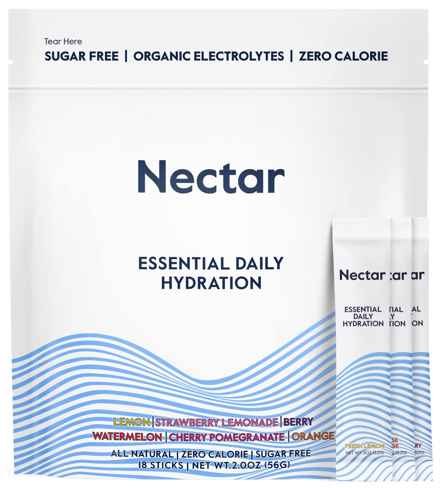 Organic Nectar Hydration Powder Packets - No Sugar or Calories - Variety 18 Packets for Dehydration Relief - Rapid Rehydration and Electrolyte Balance | Pack of 1 - Buy Online on GoSupps.com