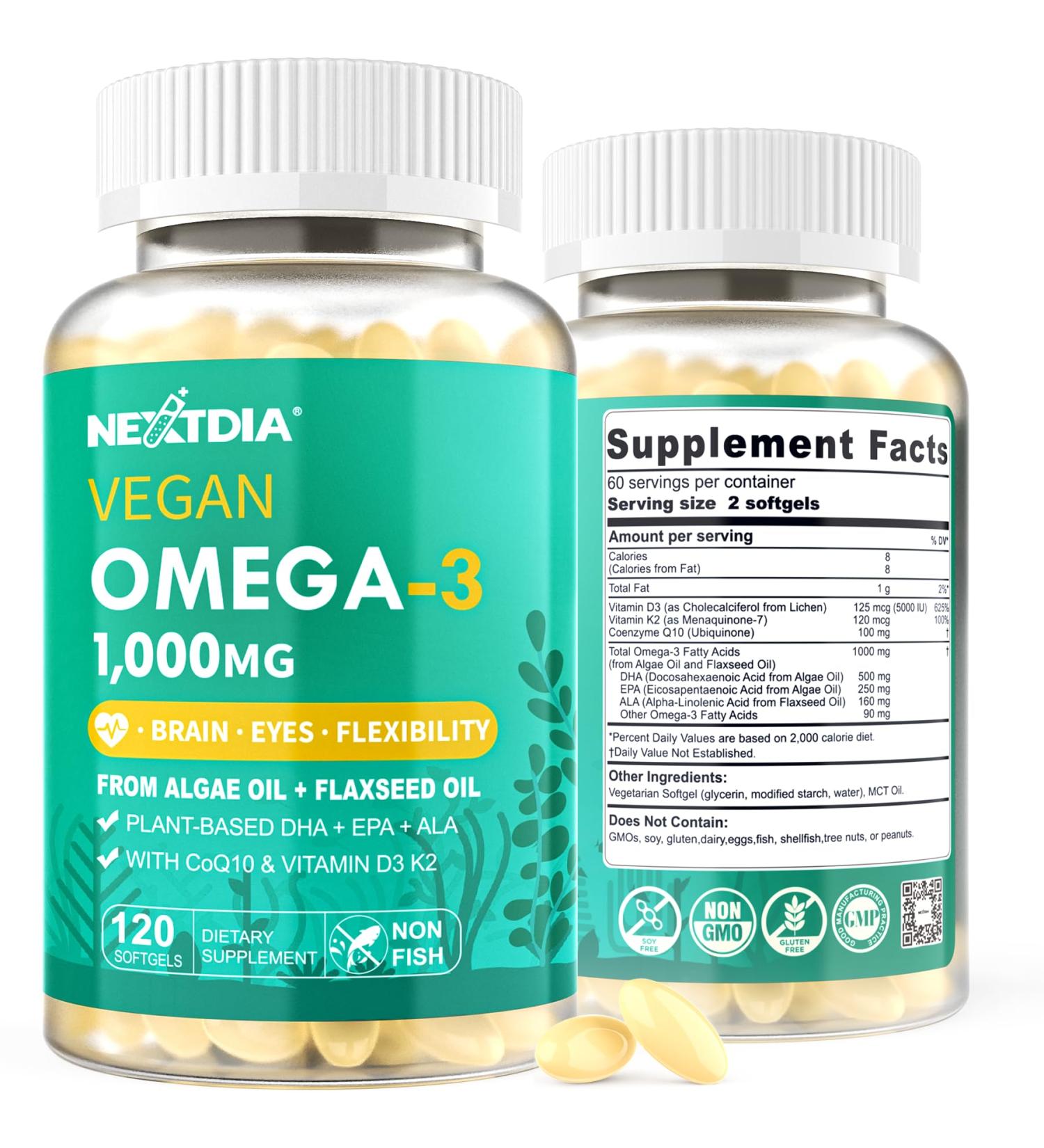 2 Pack Vegan Omega 3 D3 K2 CoQ10 Supplement Plant Based DHA EPA ALA for Women Men Omega 3 Organic Algae Flaxseed Oil Supplement for Bone Brain Eye & Immune Support No Carrageenan 240 Softgels 120 Count (Pack of 2) - Buy Online on GoSupps.com