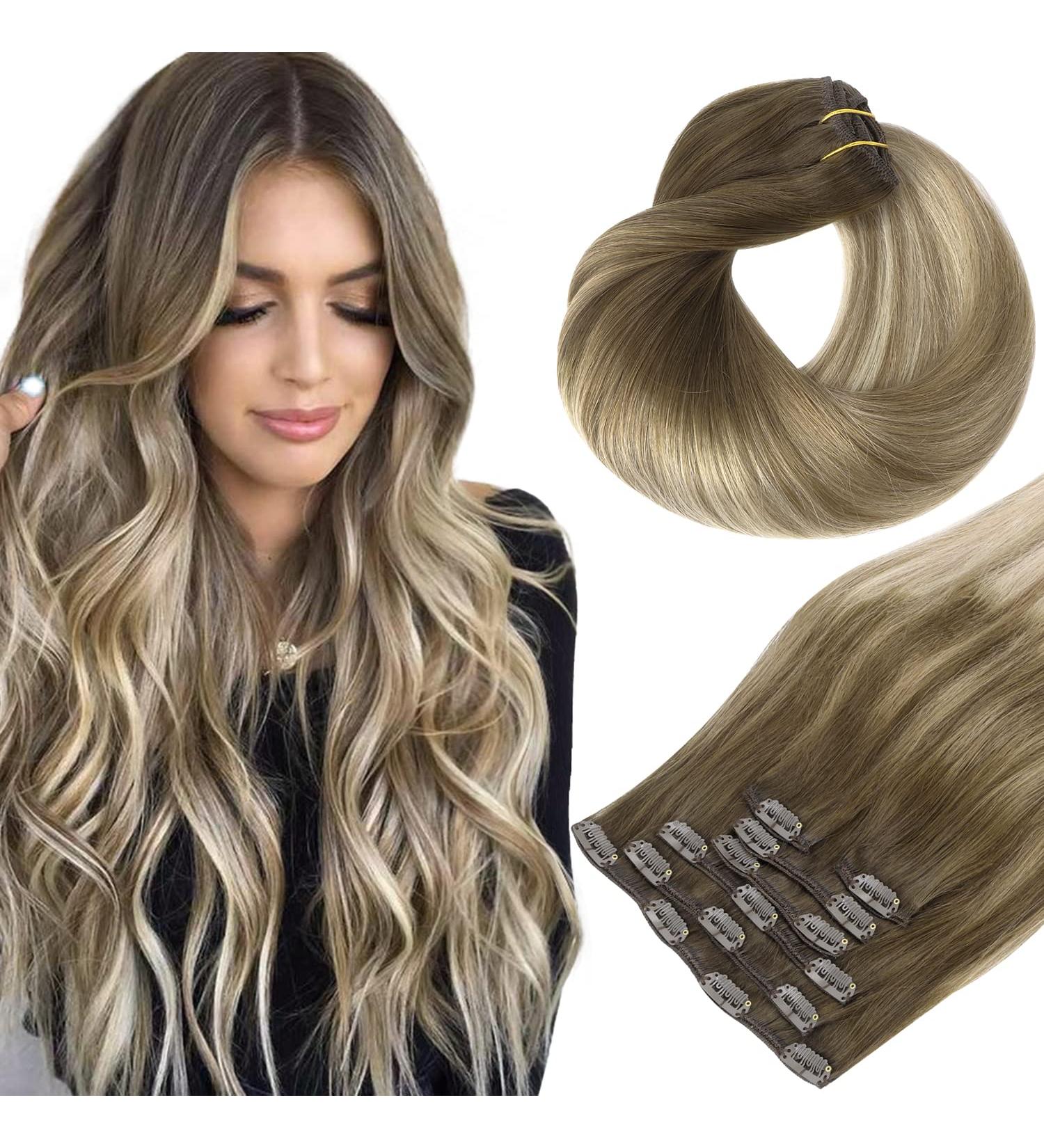 18 Clip in Hair Extensions - Real Human Hair - Walnut Brown to Ash Brown & Bleach Blonde - 120g - Buy Online on GoSupps.com