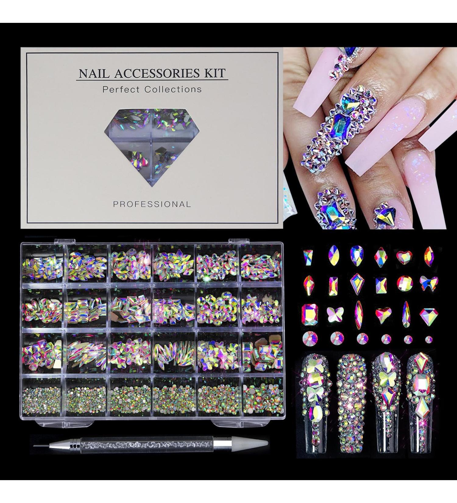 Rhinestones for Nails | Multi Shapes Rhinestone Flatback Gems Accessories Kit Round Crystal Rhinestones Kit Iridescent Ab Charm Bead Manicure Decoration with Pickup Pencil Lencyh - Buy Online on GoSupps.com