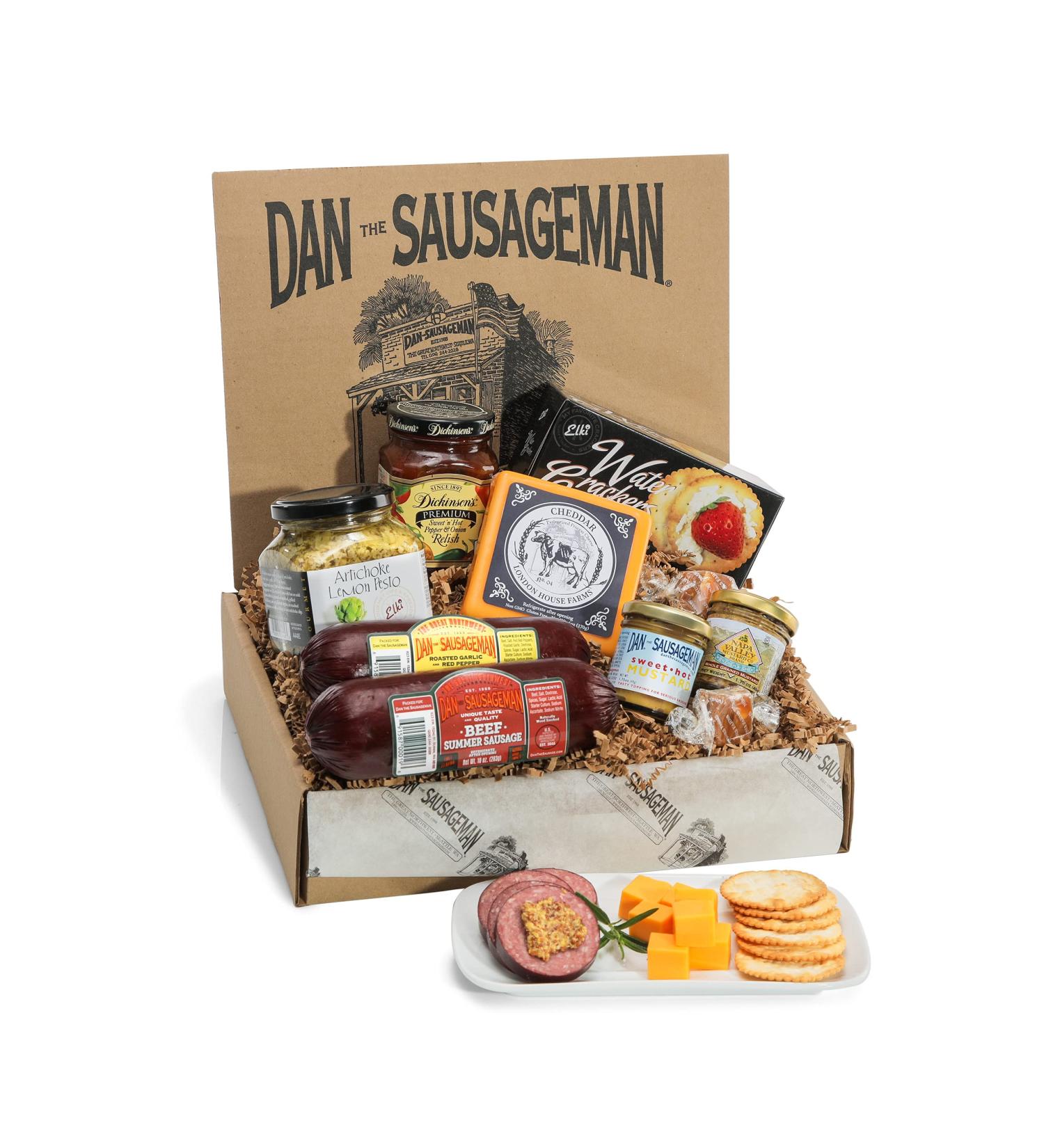 Dan the Sausageman Gourmet Gift Basket with Smoked Beef Sausage, Mustard, Onion & Pepper Relish, Wisconsin Cheese, and Artichoke Lemon Pesto - Buy Online on GoSupps.com