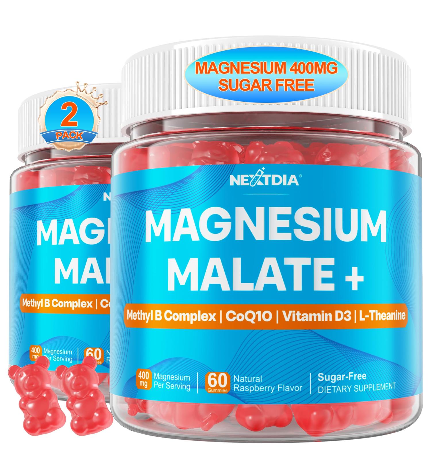 Magnesium Malate Gummies - Magnesium 400mg, L-5-MTHF Folate 680mcg, Methyl B12, B6, L-Theanine & CoQ10 - Sugar Free Methylated Magnesium Complex for Women Men, Methylation, Energy, Muscle & Calm,2Pack 60 Count (Pack of 2) - Buy Online on GoSupps.com