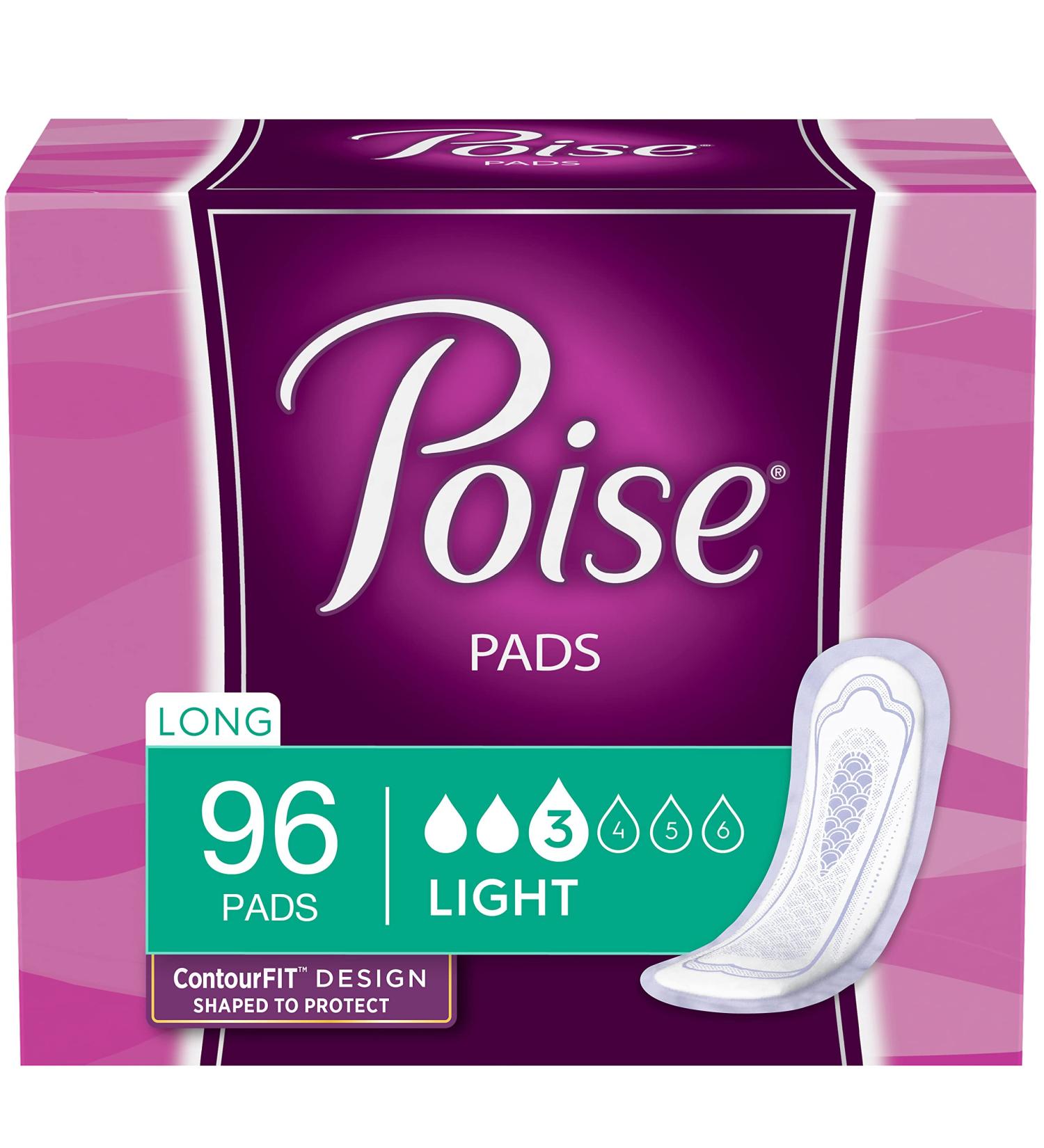 Poise Incontinence Pads for Women, Light Absorbency, Long Length, 96 Count - 4 Packs, Packaging May Vary - Buy Online on GoSupps.com