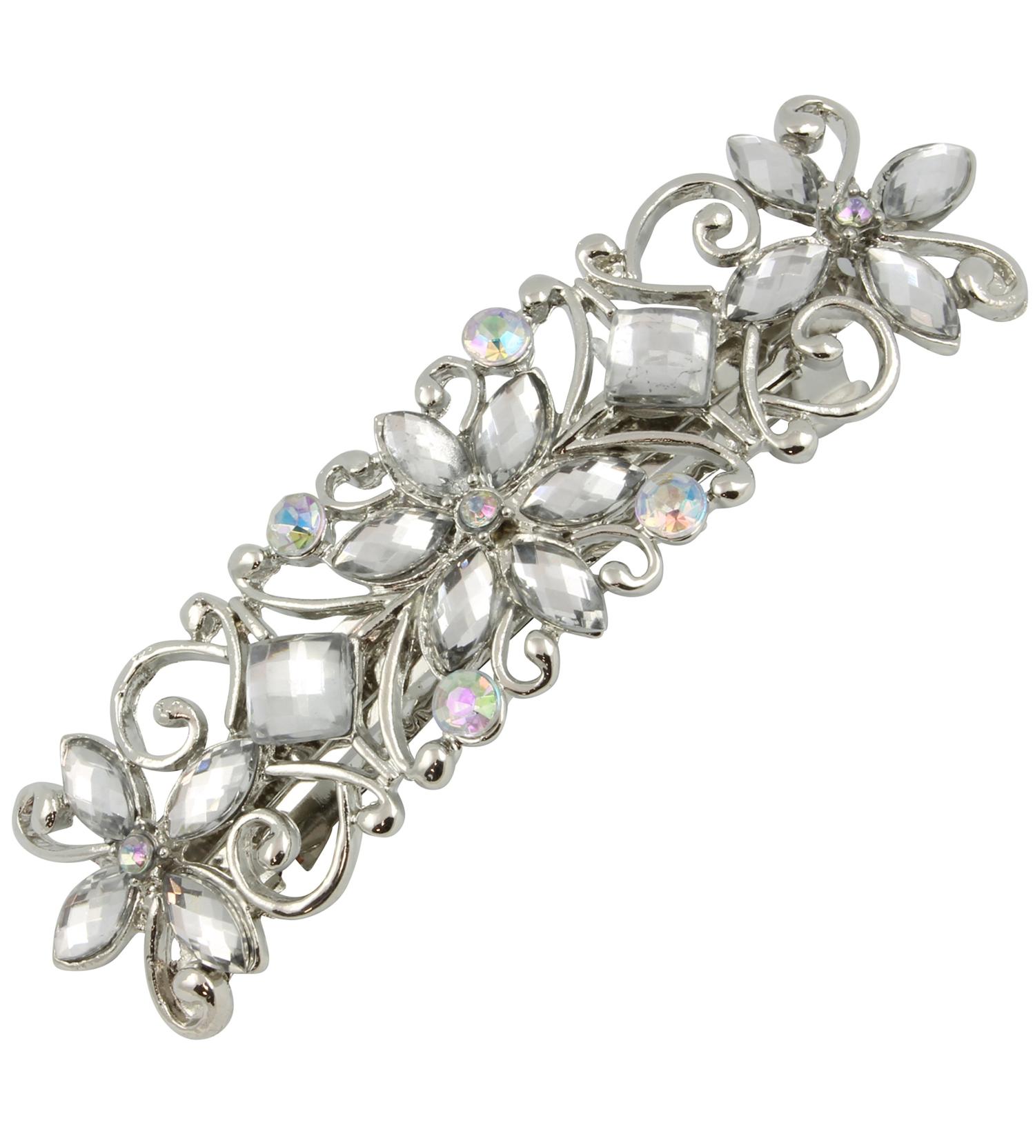 Large Diamante Flower Silver Barrette Hair Clip