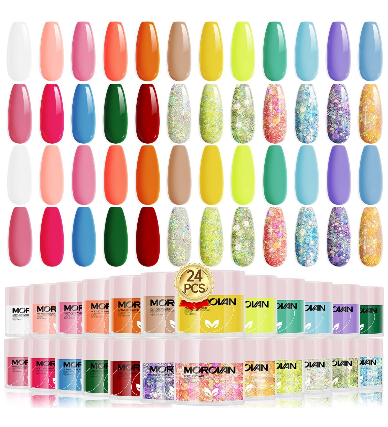 Morovan 24 Colors Acrylic Powder Set - Professional Glitter Polymer Nail Extension Kit for Nail Art - Purple, Yellow, Blue, Green, Red - Buy Online on GoSupps.com