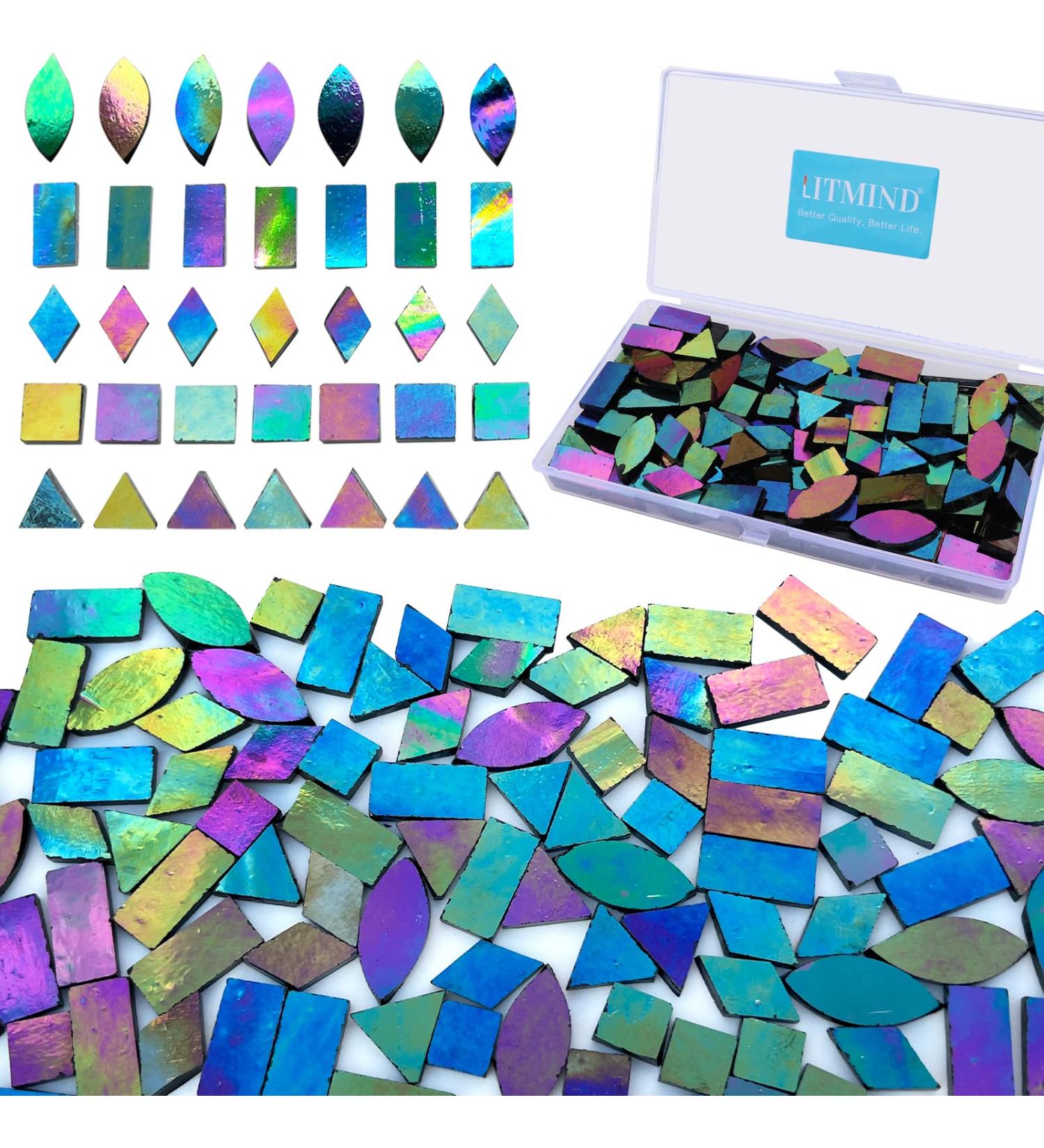 LITMIND Iridescent Glass Mosaic Tiles for Crafts - 240 Pieces in 5 Shapes - Stained Glass Sheets Kit for Adults (Iridescent Black) - Buy Online on GoSupps.com