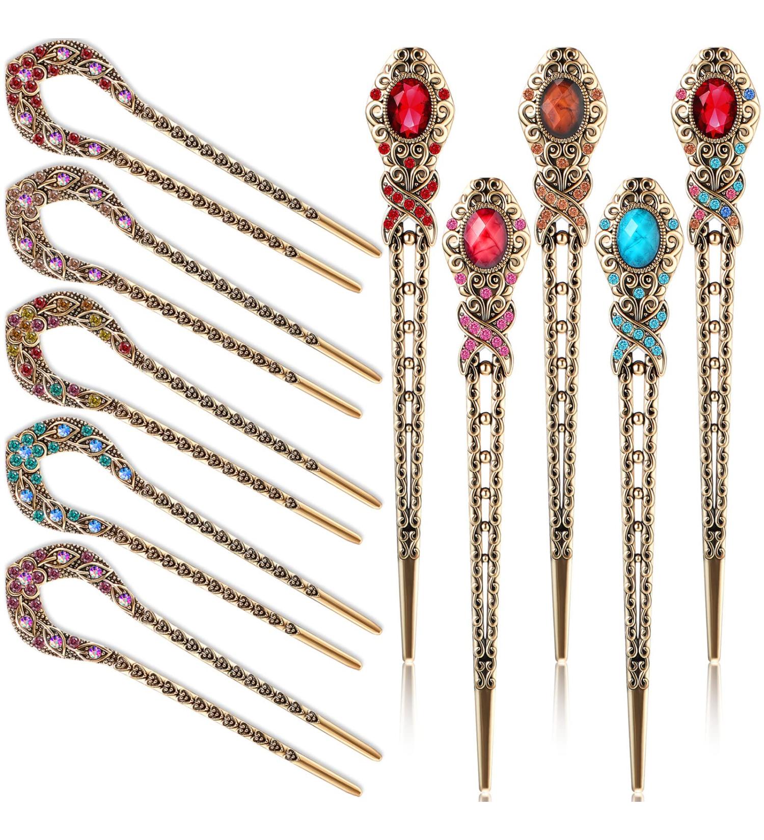 10 Pcs Vintage Rhinestone Hair Sticks French Hair Pins - Stylish Double Prong Hair Accessories for Women and Girls - Buy Online on GoSupps.com