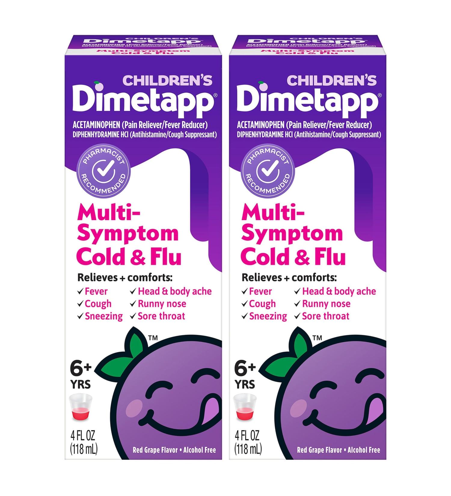 Children s Dimetapp Multi-Symptom Cold & Flu Medicine Antihistamine Cough Suppressant Relieves Fever Cough Sneezing Head & Body Ache Sore Throat Grape Flavor Alcohol-Free 4 FL OZ (Pack of 2) - Buy Online on GoSupps.com