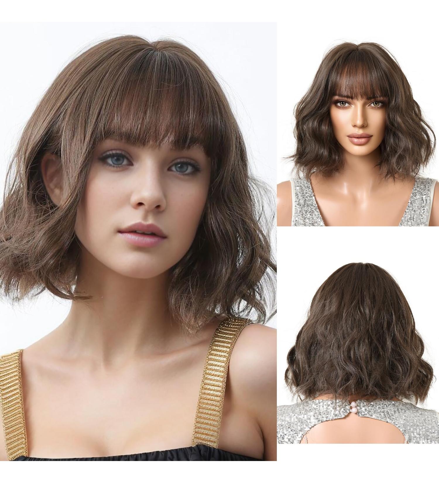 OUFEI Brown Wigs for Women Short Wavy Wig With Bangs Natural Synthetic Hair Heat Resistant Wigs for Daily Party Cosplay Wear Brown(1098-1) - Buy Online on GoSupps.com