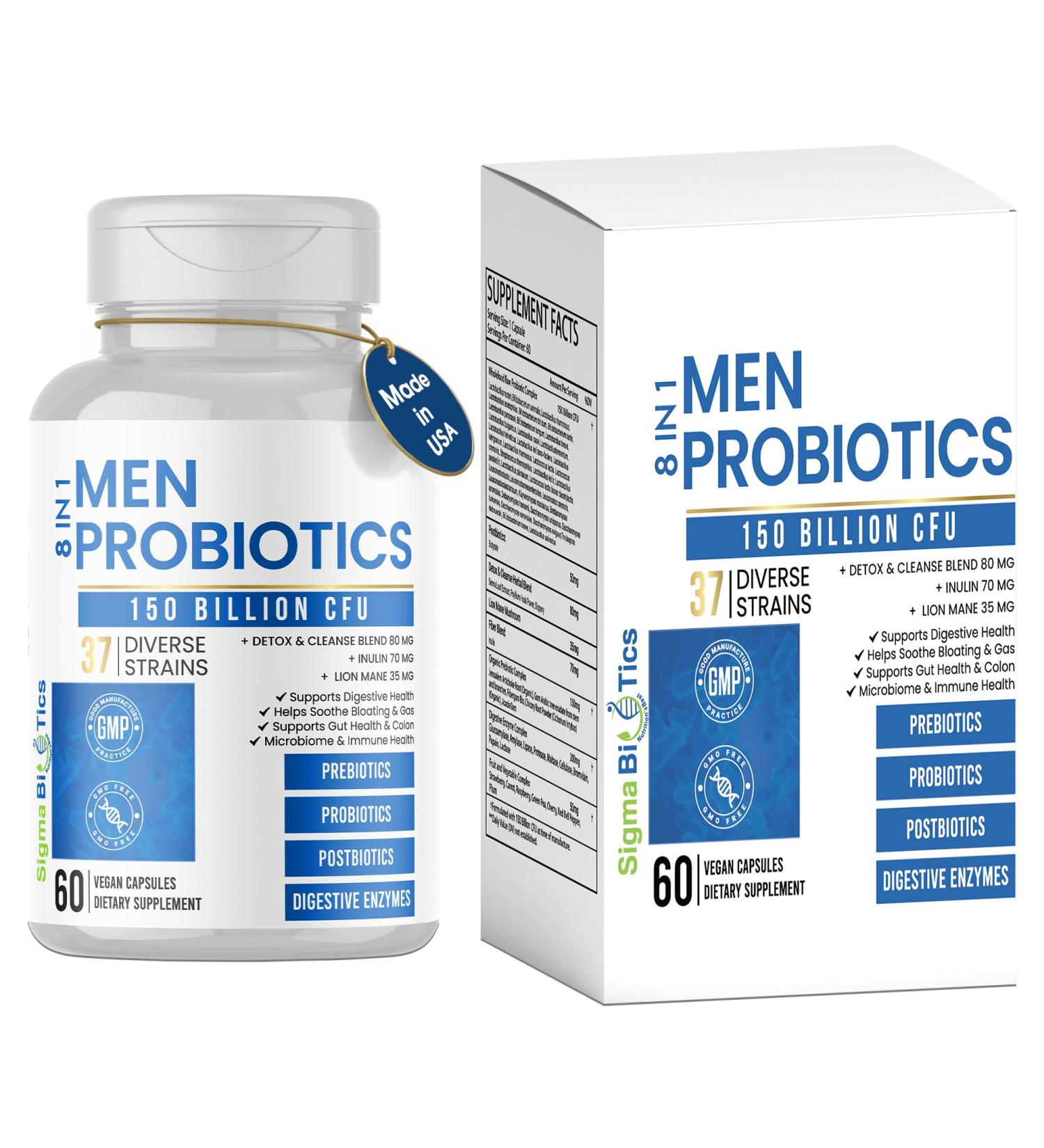 Probiotics for Men - 150 Billion CFU Acidophilus Capsules with Prebiotics & Postbiotics - Supports Gut Microbiome Colon & Immune Health - 37 Strains with Digestive Enzymes - 60 Vegan Capsules - Buy Online on GoSupps.com