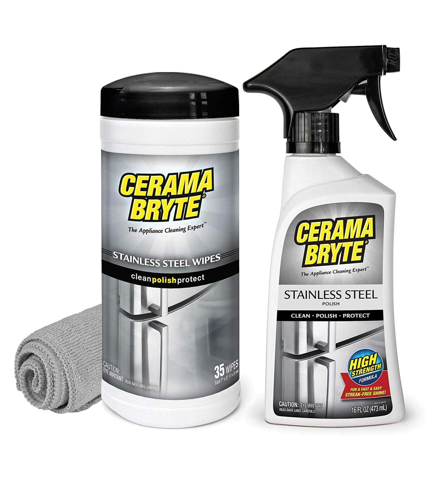 Cerama Bryte Protective Stainless Steel Appliance Cleaner & Polish Kit | High Strength Mineral Oil | 16 oz Spray 35 Wipes & Microfiber Cloth - Buy Online on GoSupps.com
